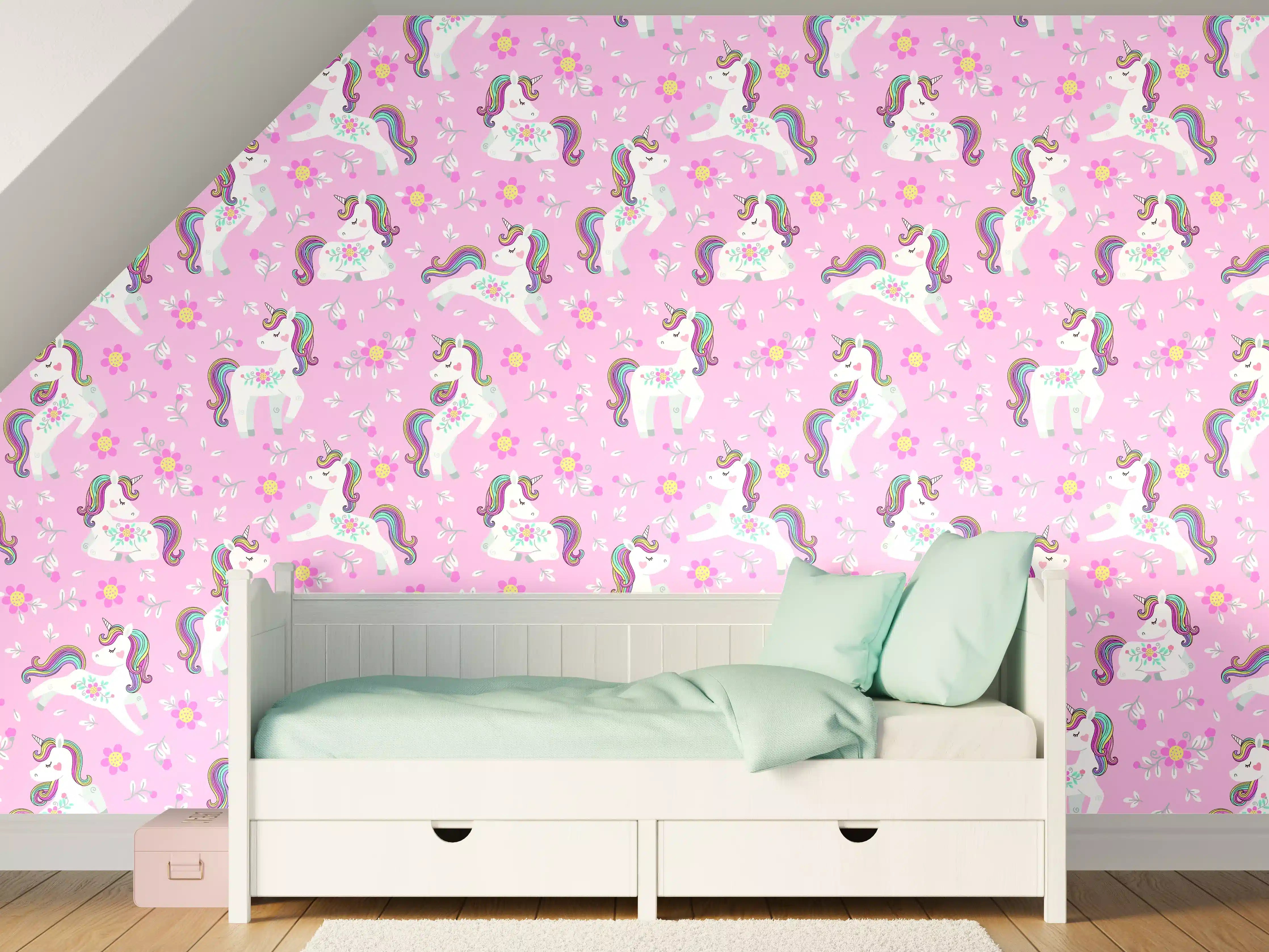 Kinderzimmer Wandgestaltung - Märchenhafte Einhornwelt in Pastellfarben