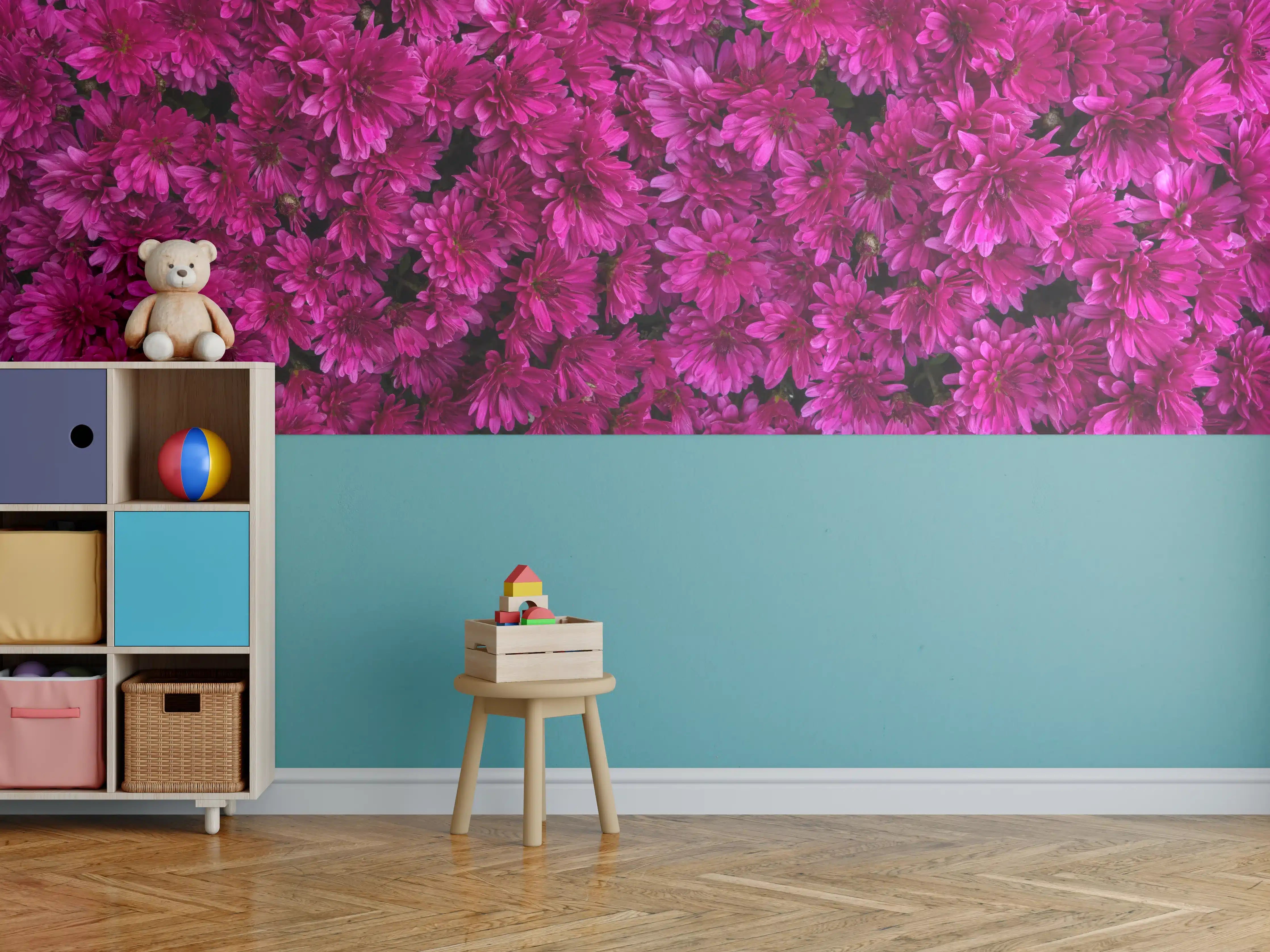 Kinderzimmer Wandgestaltung - Magenta Blüten von Chrysanthemen