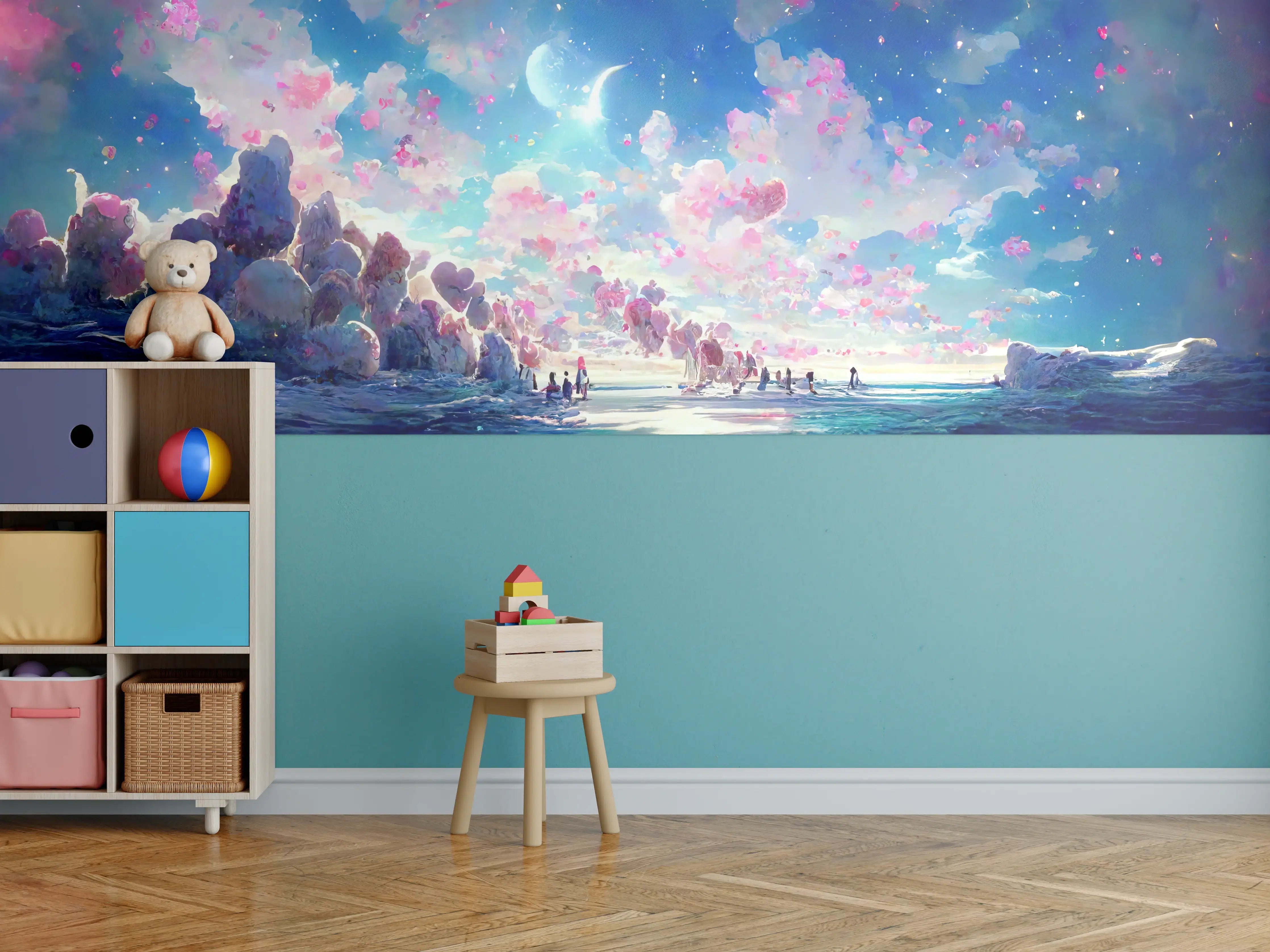 Kinderzimmer Wandgestaltung - Magische Himmelslandschaft Rosa Blau