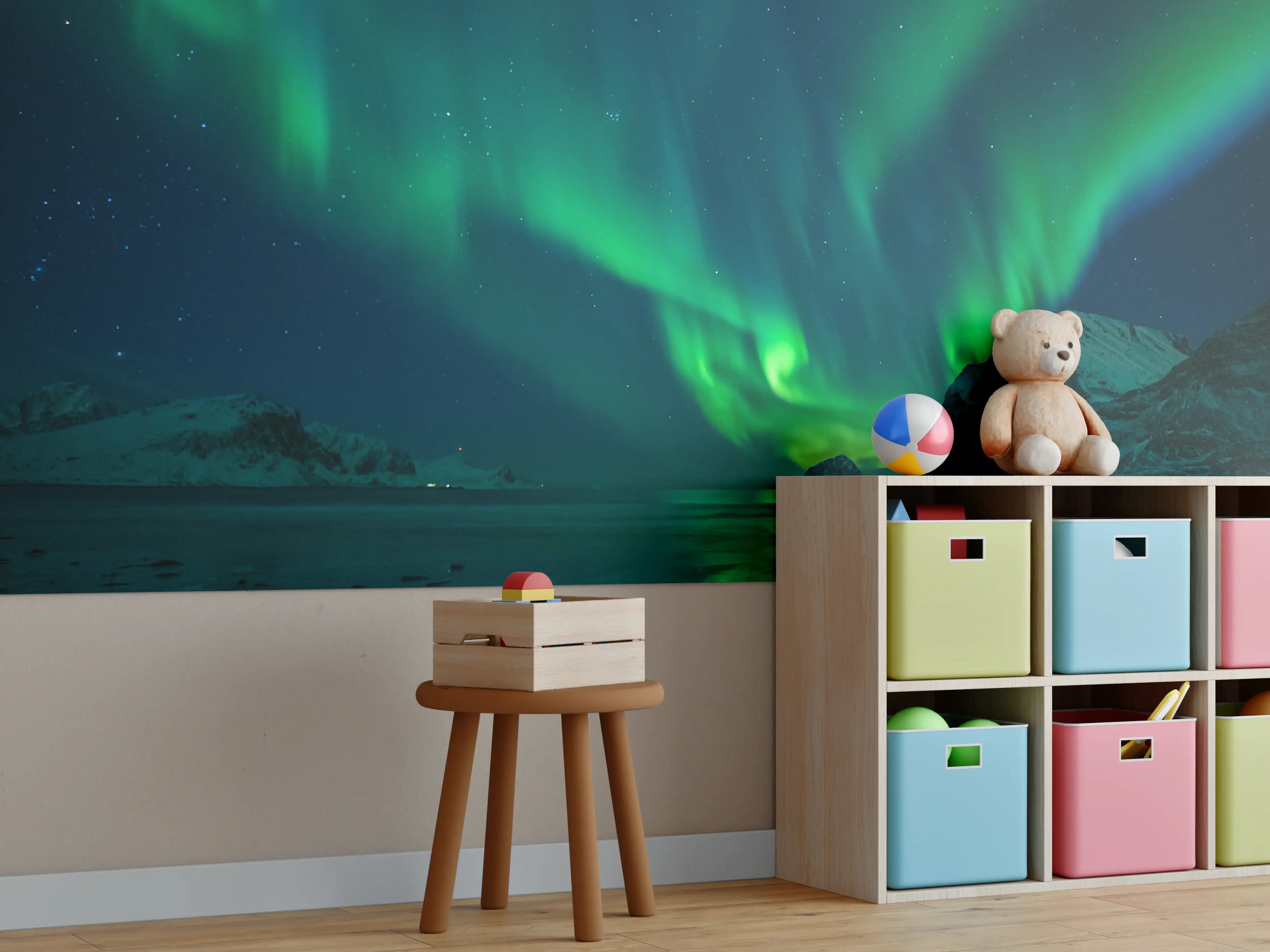 Kinderzimmer Wandgestaltung - Magische Nordlichter am Strand