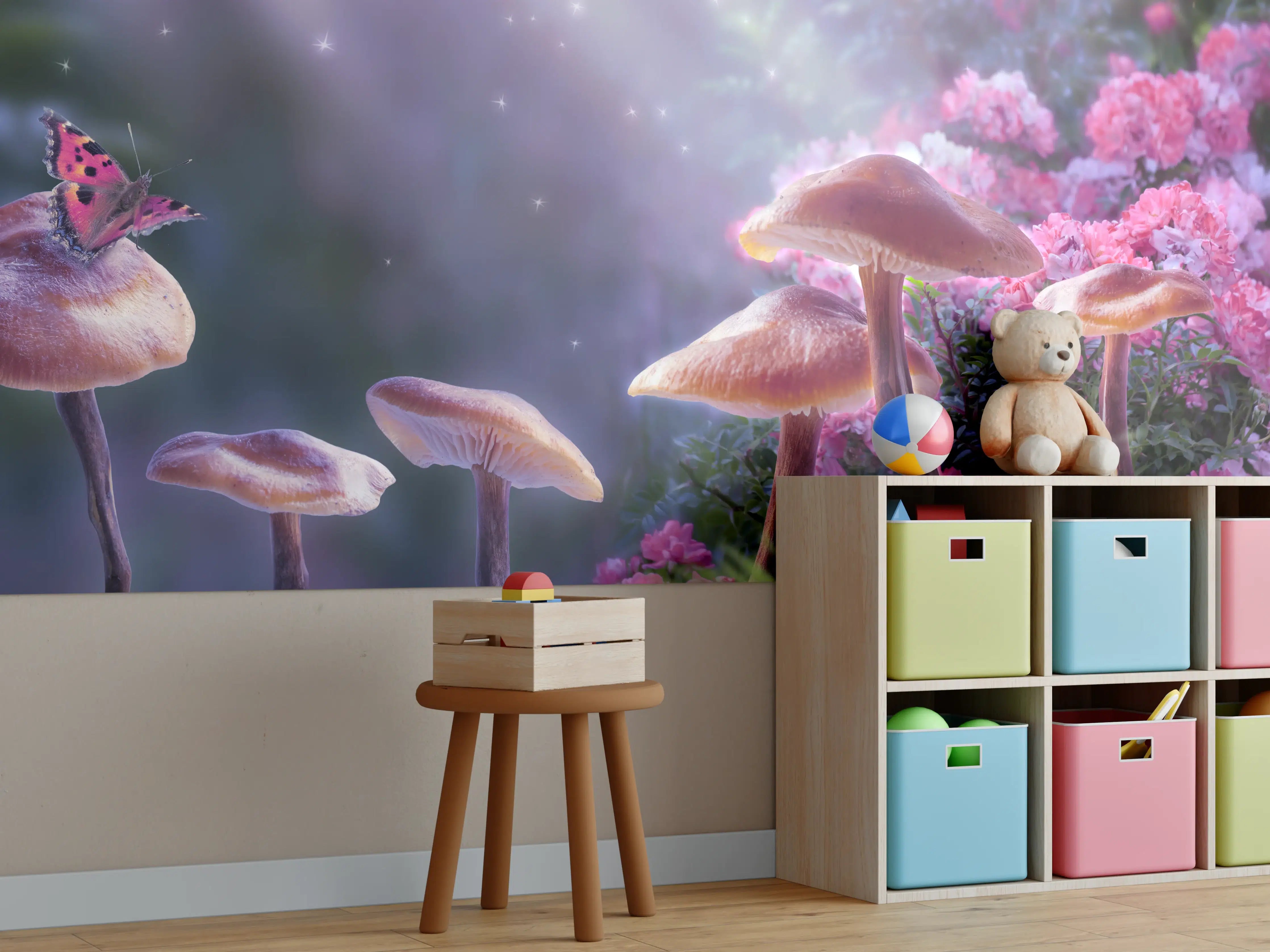 Kinderzimmer Wandgestaltung - Magische Pilzwelt bei Sonnenlicht