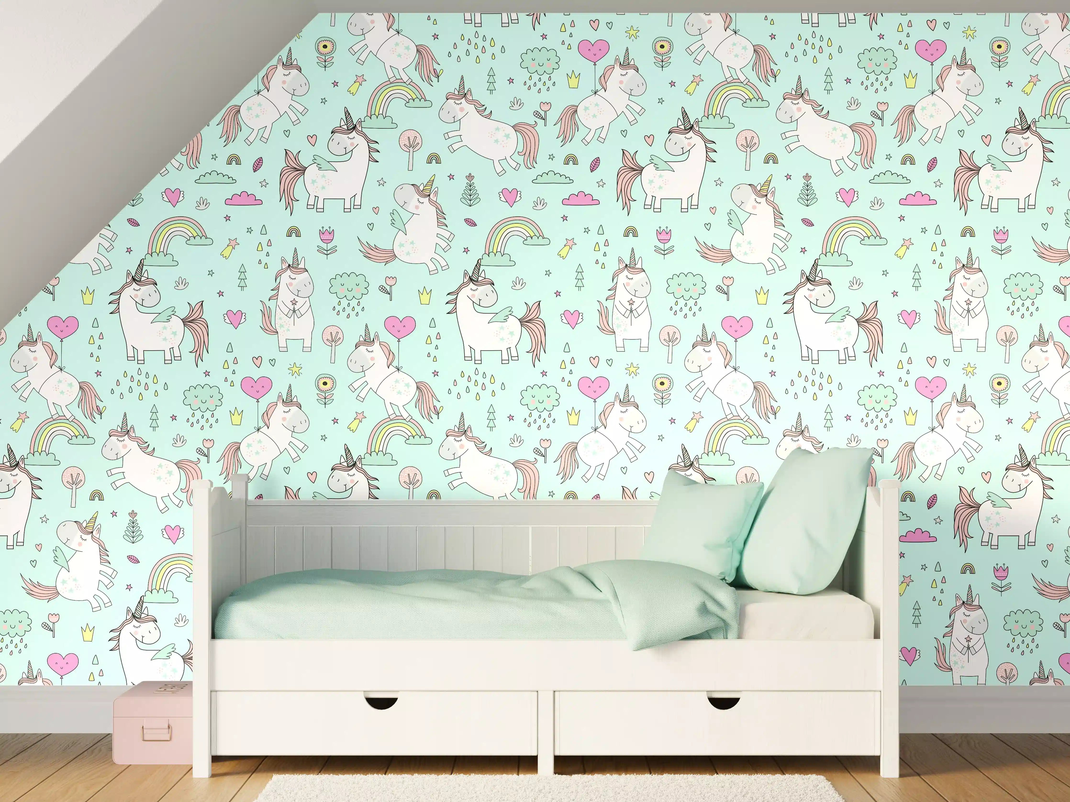 Kinderzimmer Wandgestaltung - Magischer Einhorn-Druck in Pastellfarben