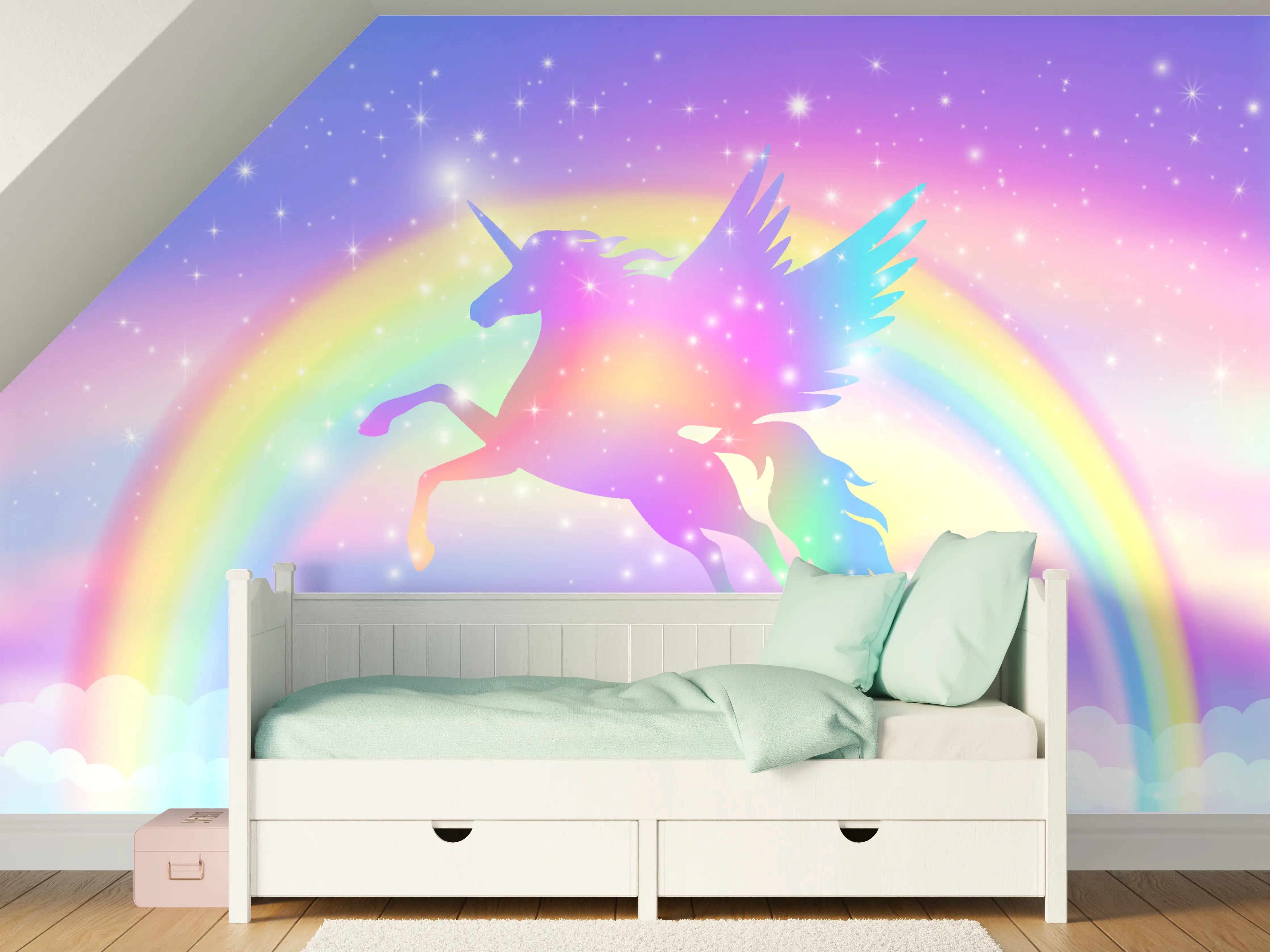Kinderzimmer Wandgestaltung - Magischer Einhorn-Himmel mit Regenbogen
