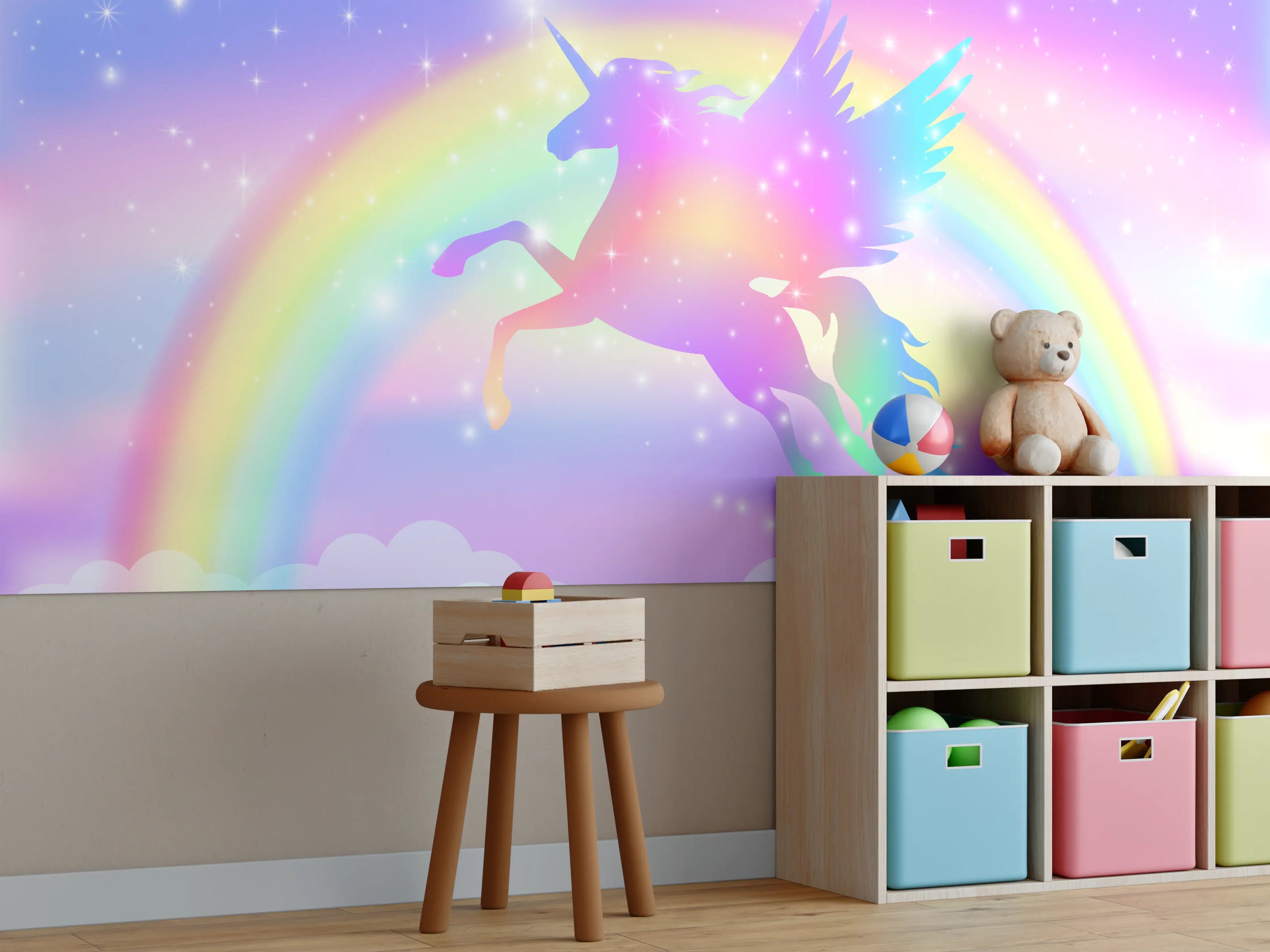 Kinderzimmer Wandgestaltung - Magischer Einhorn-Himmel mit Regenbogen