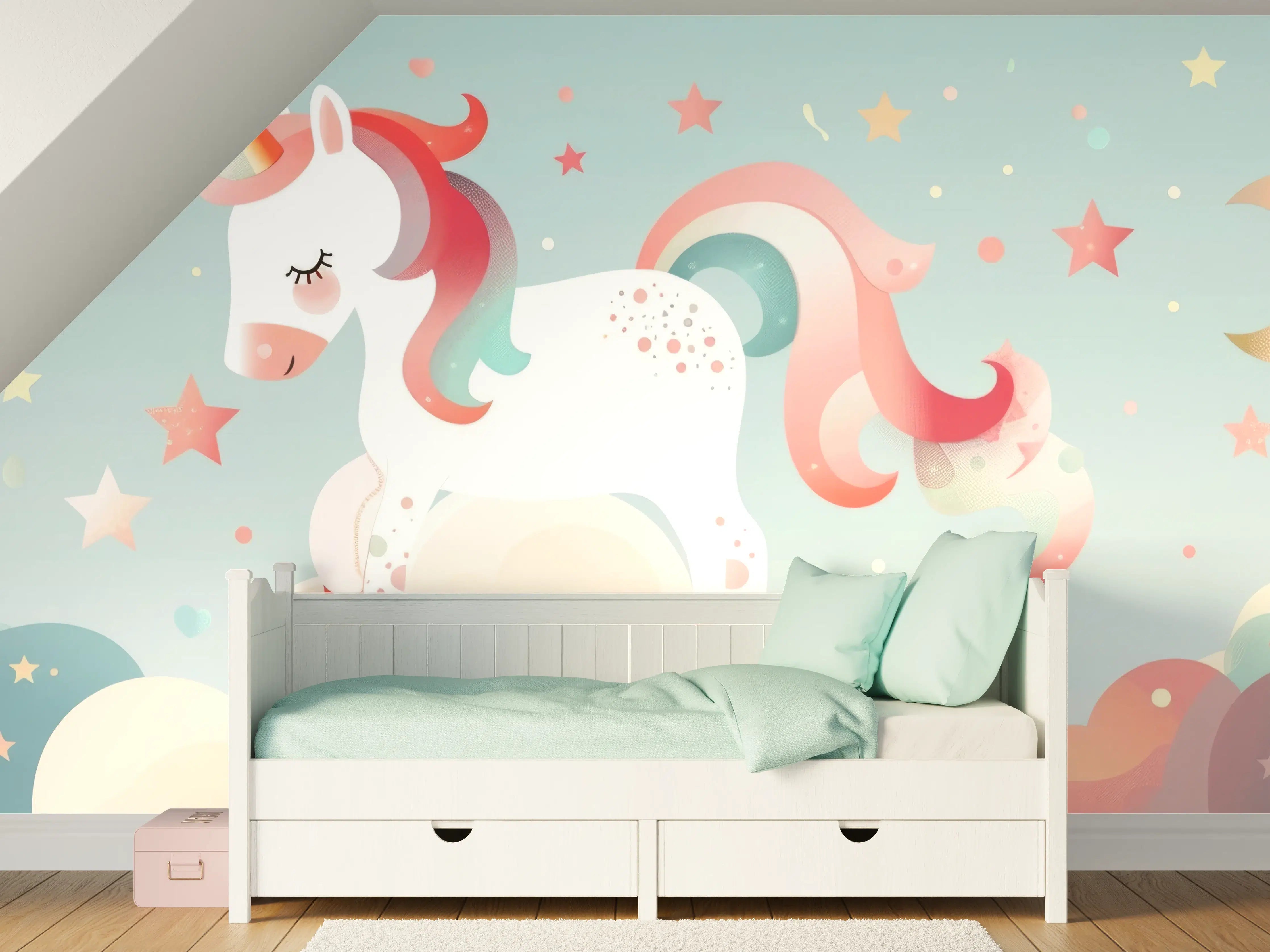 Kinderzimmer Wandgestaltung - Magischer Einhorn-Himmel mit Sternen und Mond