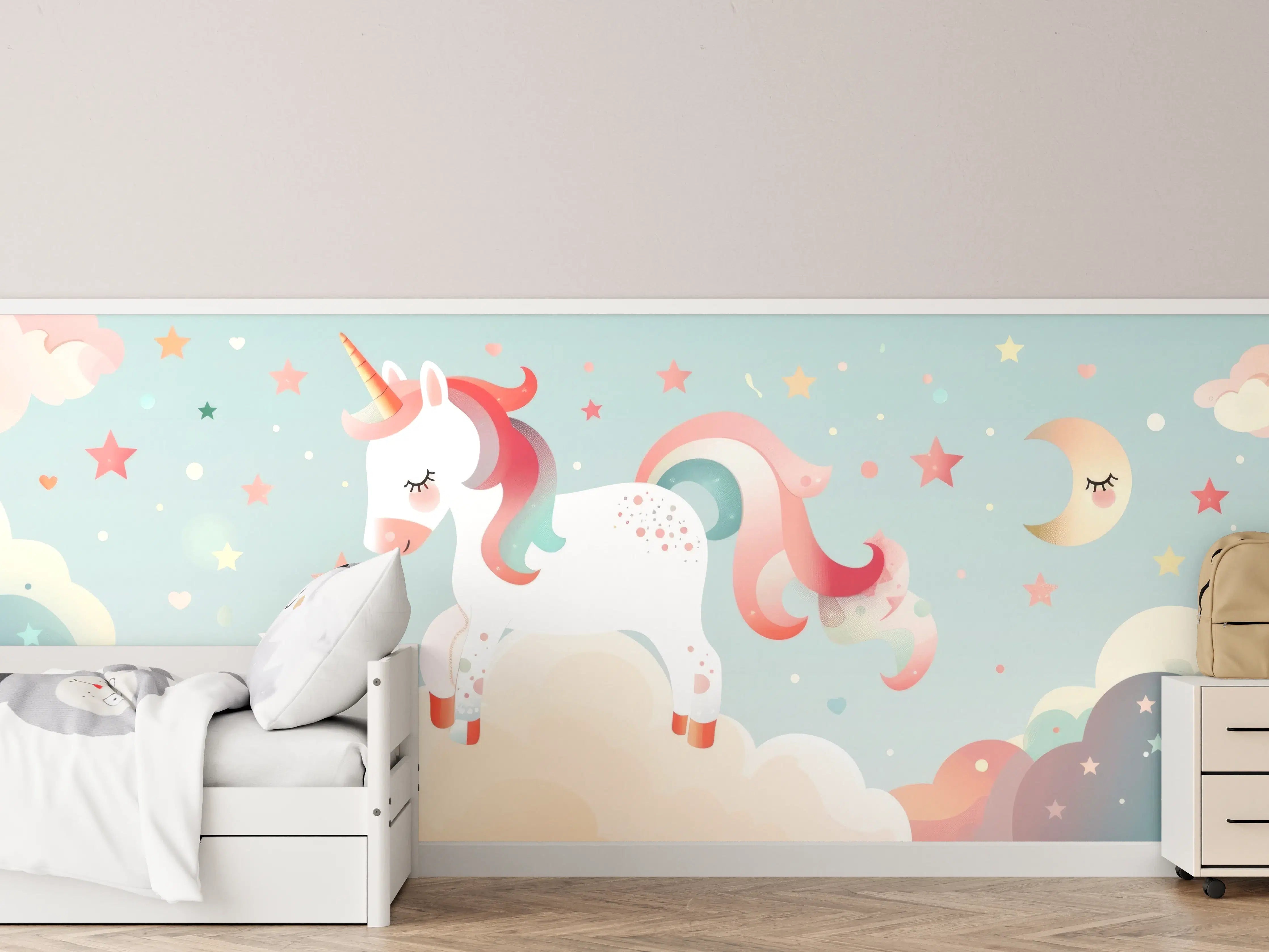 Kinderzimmer Wandgestaltung - Magischer Einhorn-Himmel mit Sternen und Mond