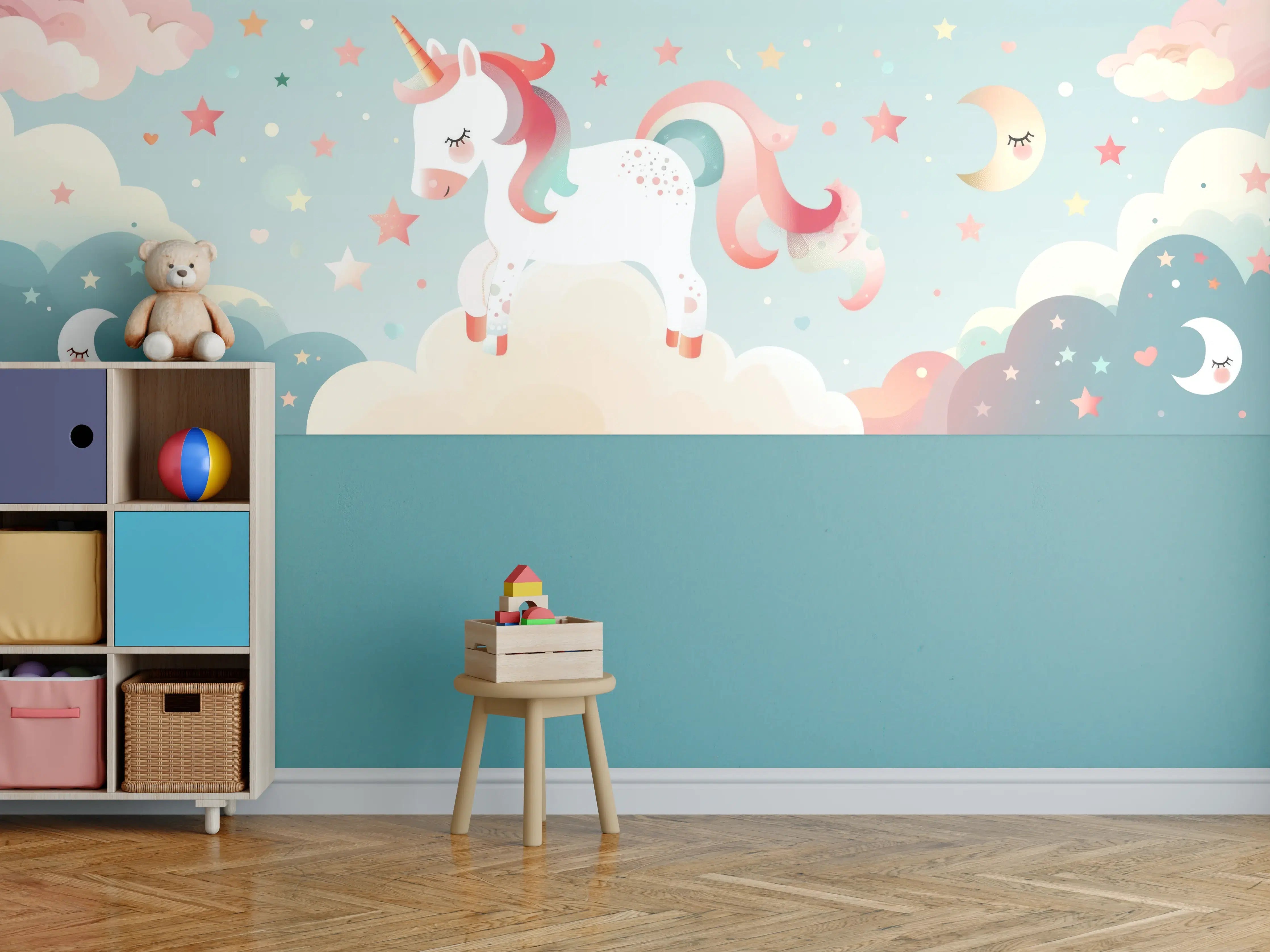 Kinderzimmer Wandgestaltung - Magischer Einhorn-Himmel mit Sternen und Mond