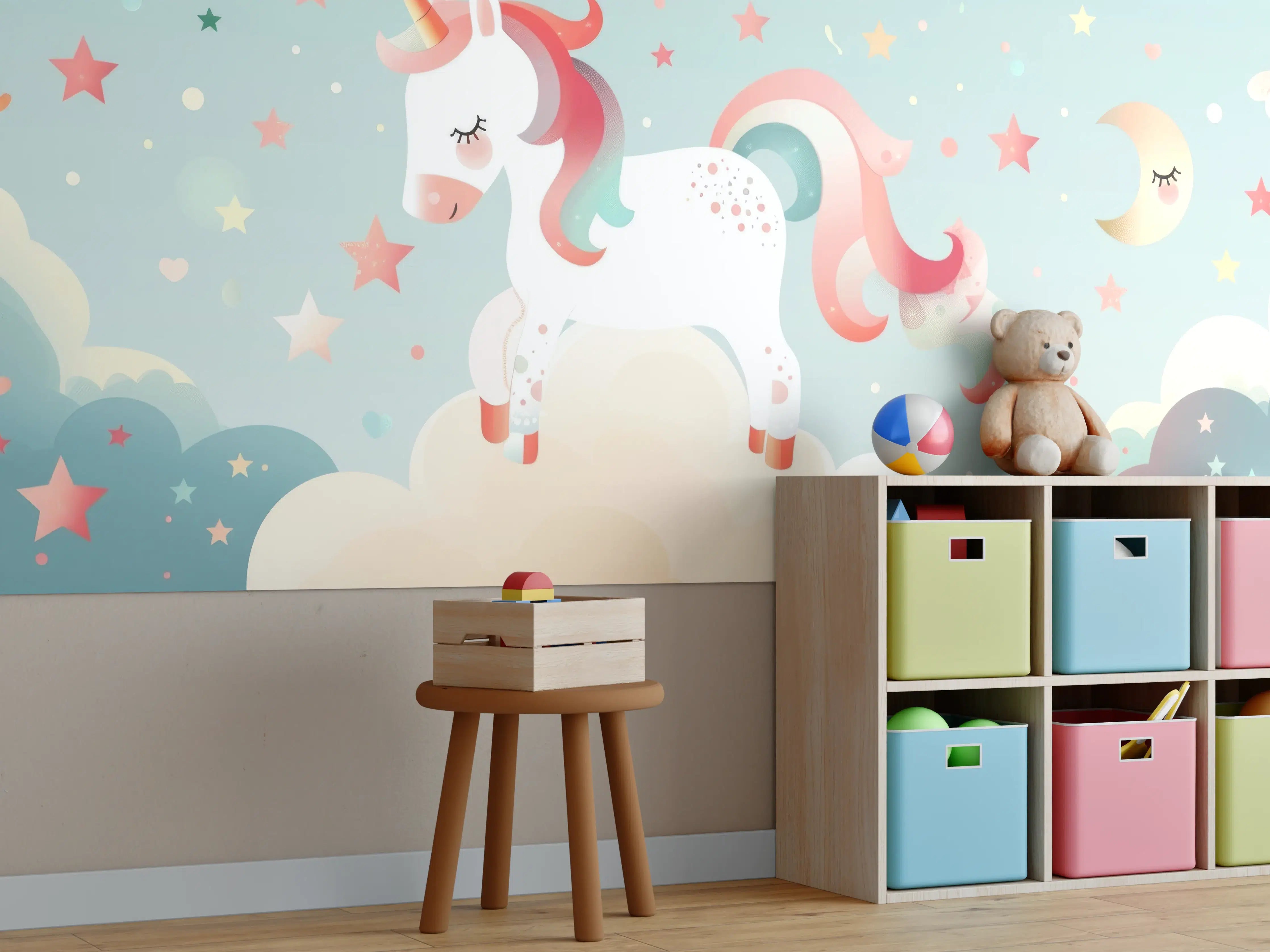 Kinderzimmer Wandgestaltung - Magischer Einhorn-Himmel mit Sternen und Mond
