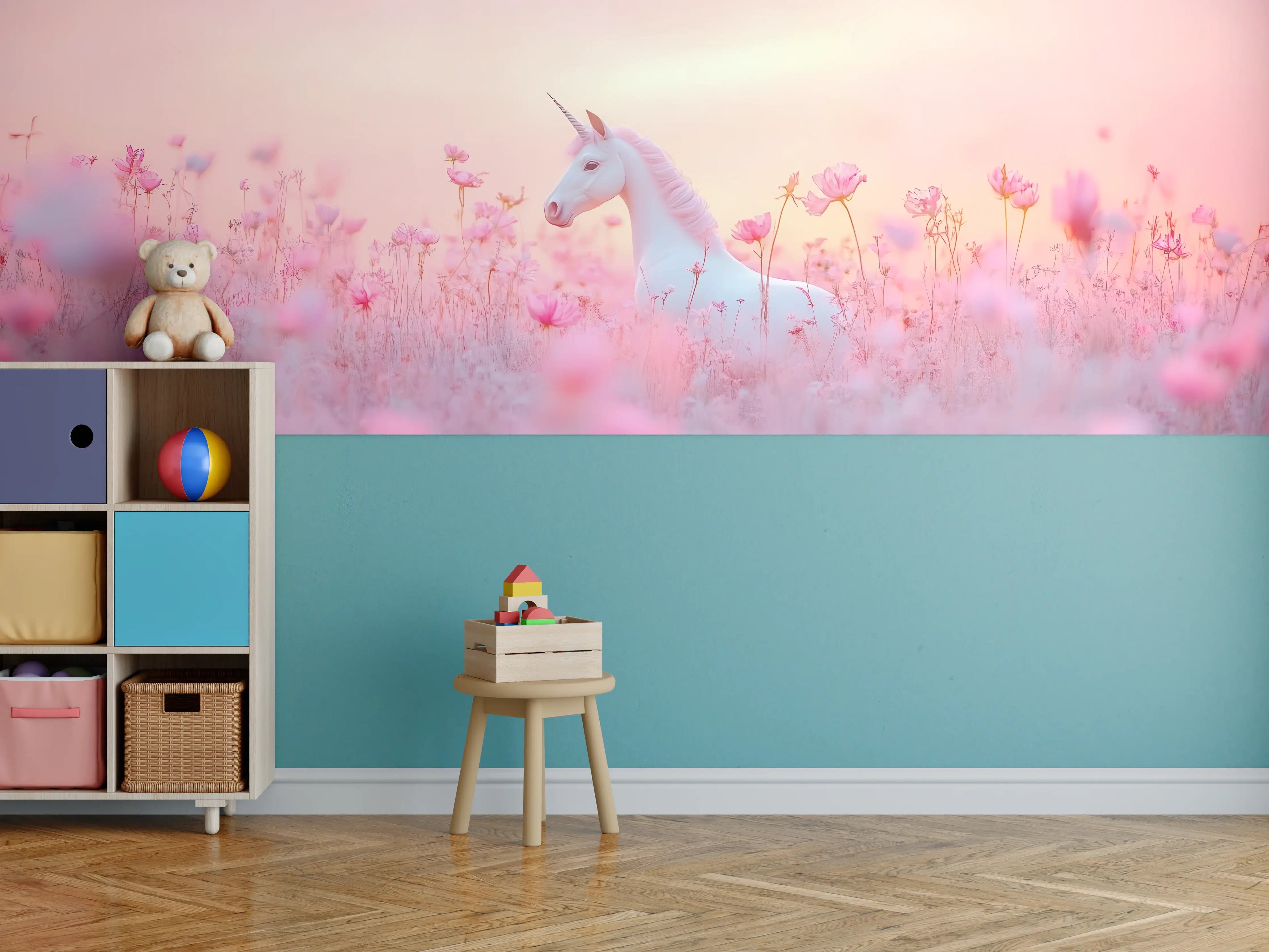 Kinderzimmer Wandgestaltung - Magischer Einhorn-Moment in zartem Rosa