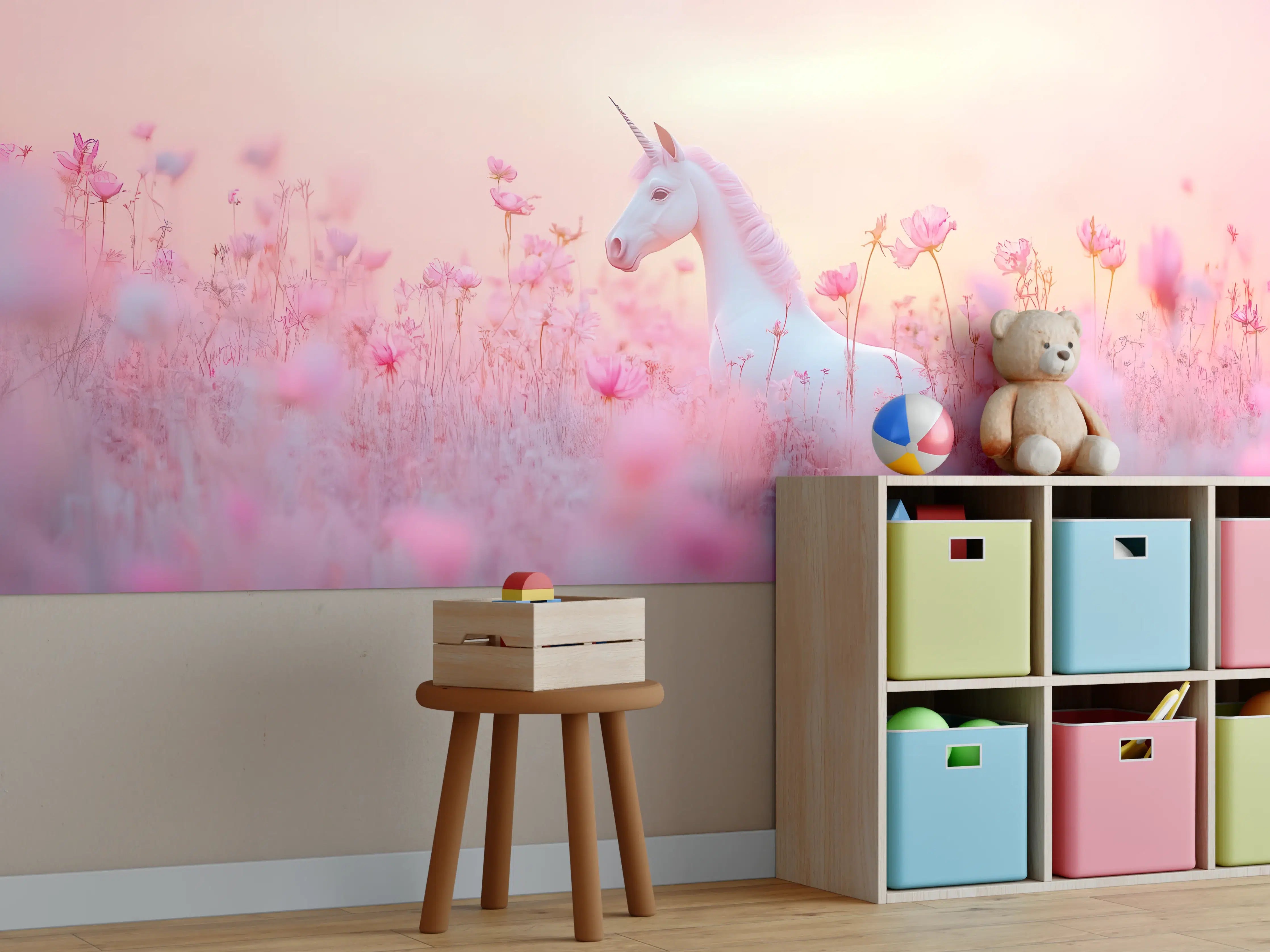 Kinderzimmer Wandgestaltung - Magischer Einhorn-Moment in zartem Rosa