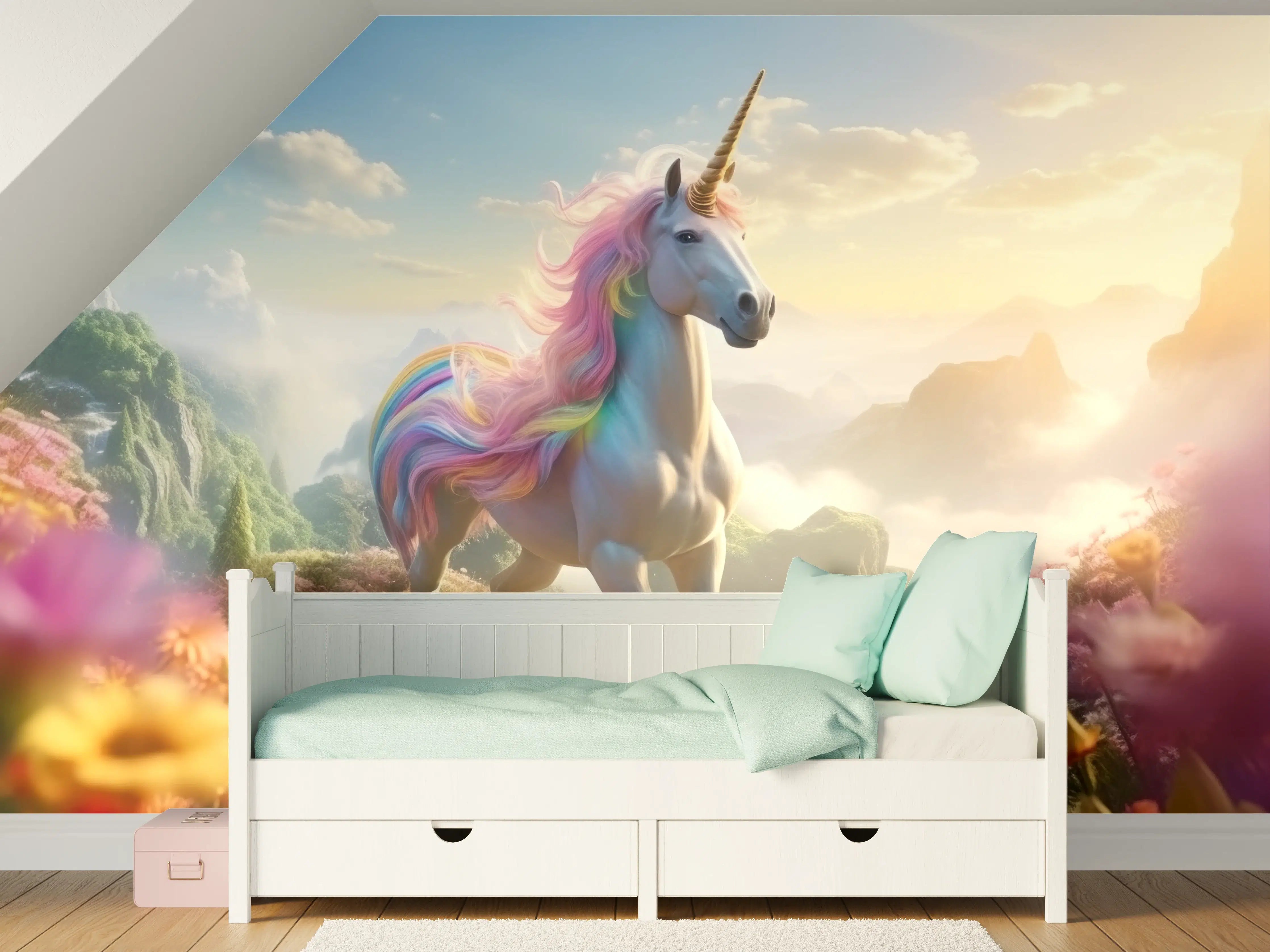 Kinderzimmer Wandgestaltung - Magischer Einhorntraum in blühender Landschaft