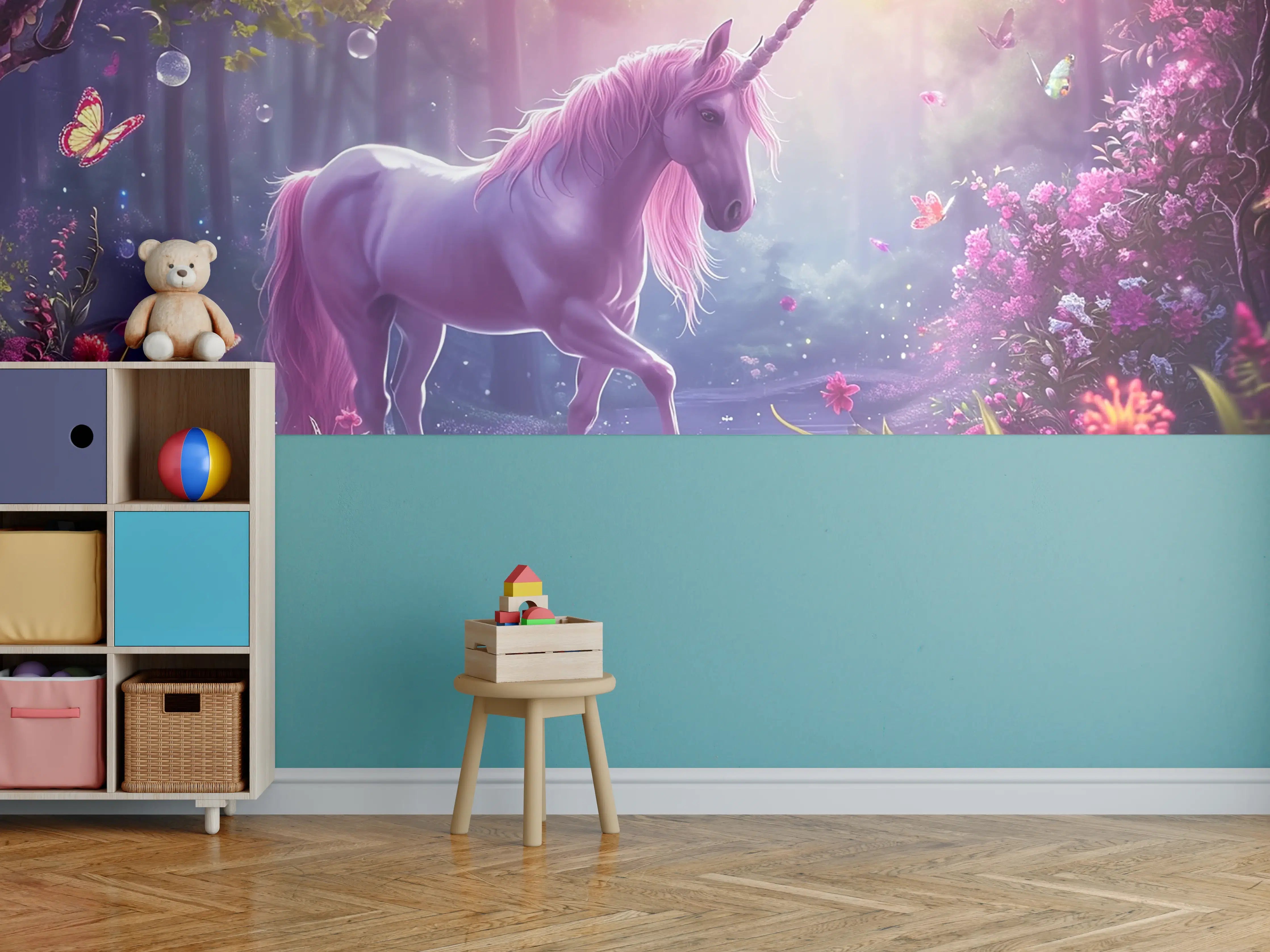 Kinderzimmer Wandgestaltung - Magischer Einhornwald mit bunten Schmetterlingen