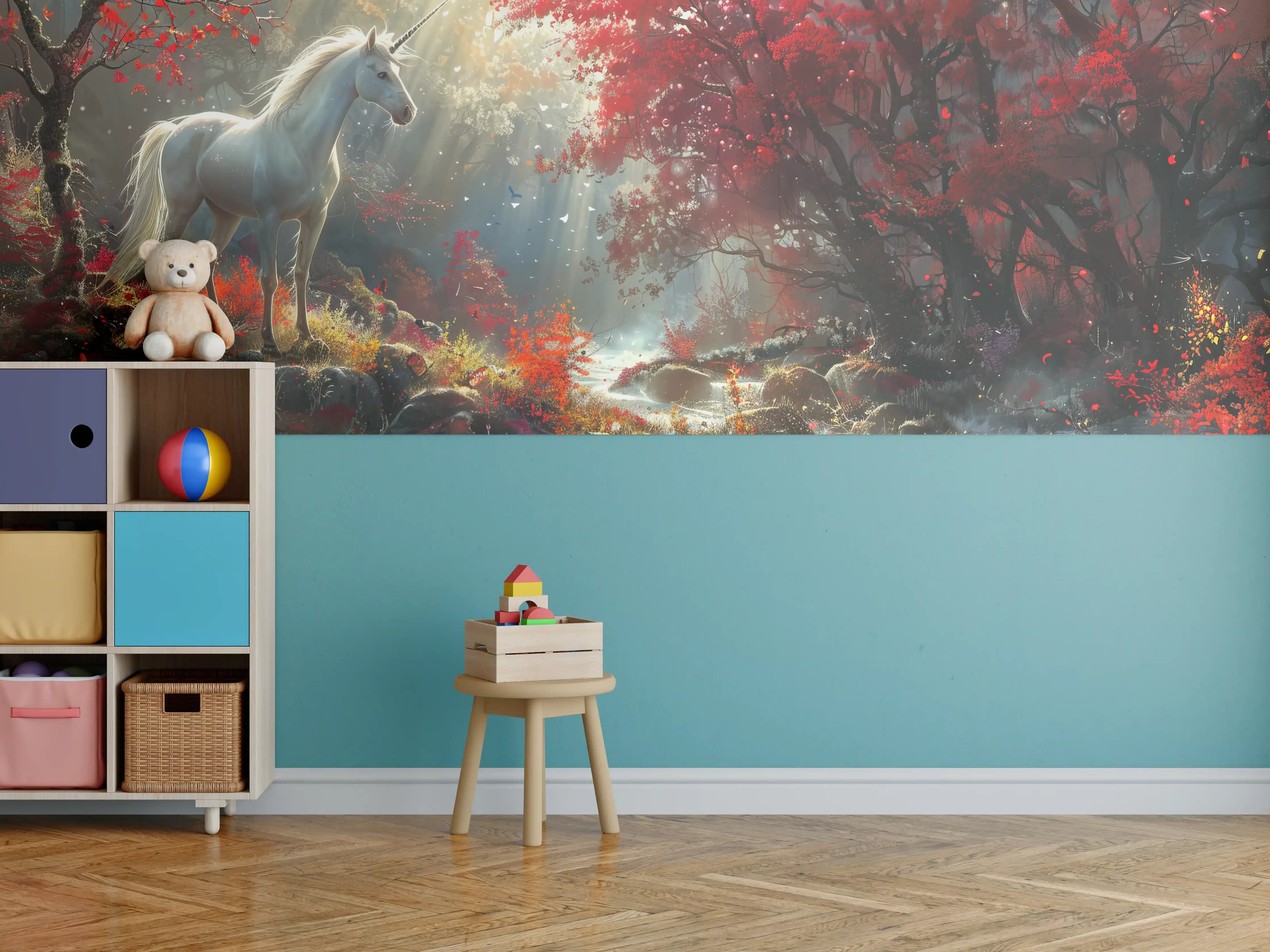 Kinderzimmer Wandgestaltung - Magischer Wald mit schimmerndem Einhorn