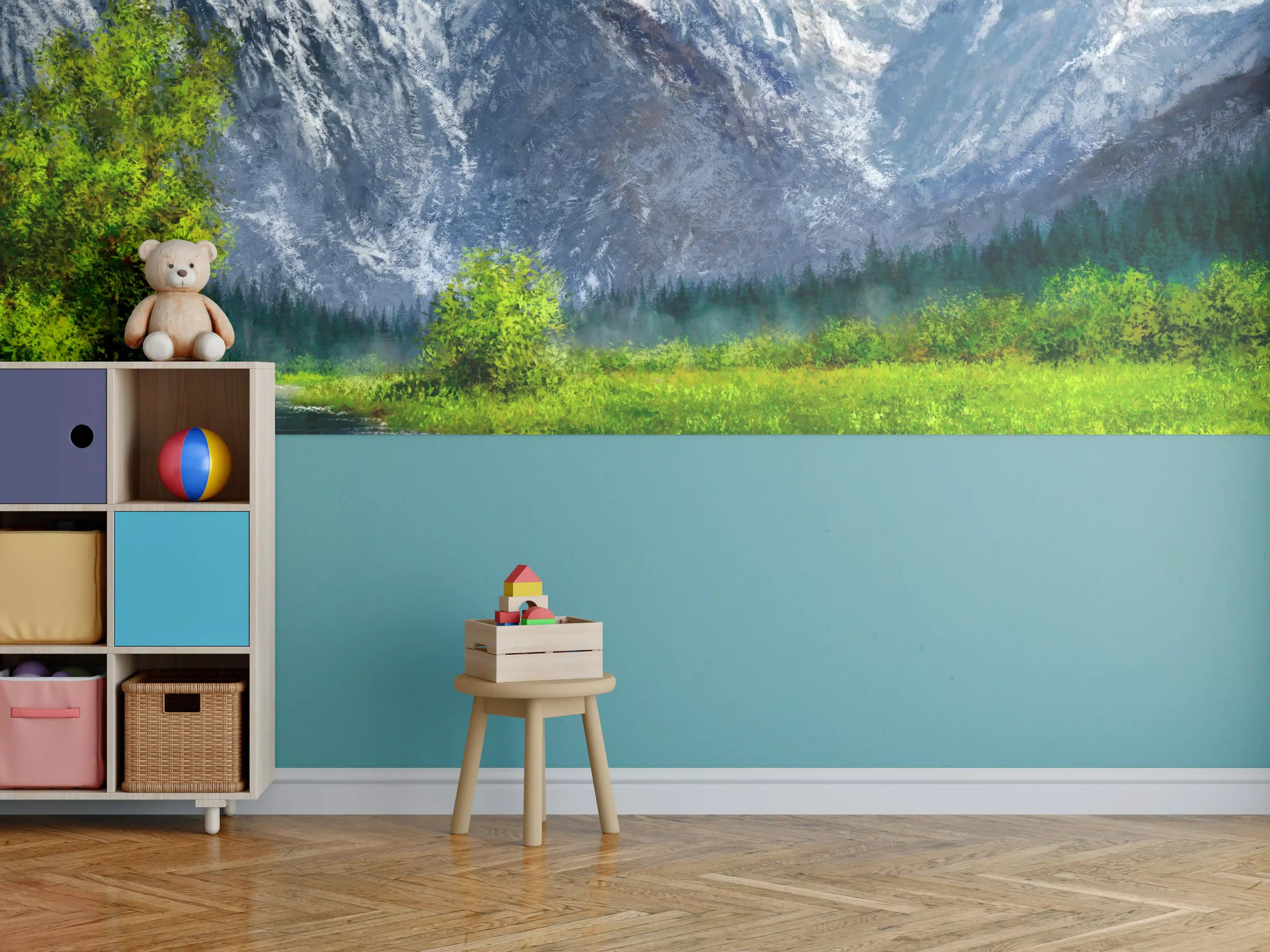 Kinderzimmer Wandgestaltung - Majestätische Bergwelt mit Fluss und Frühlingsgrün