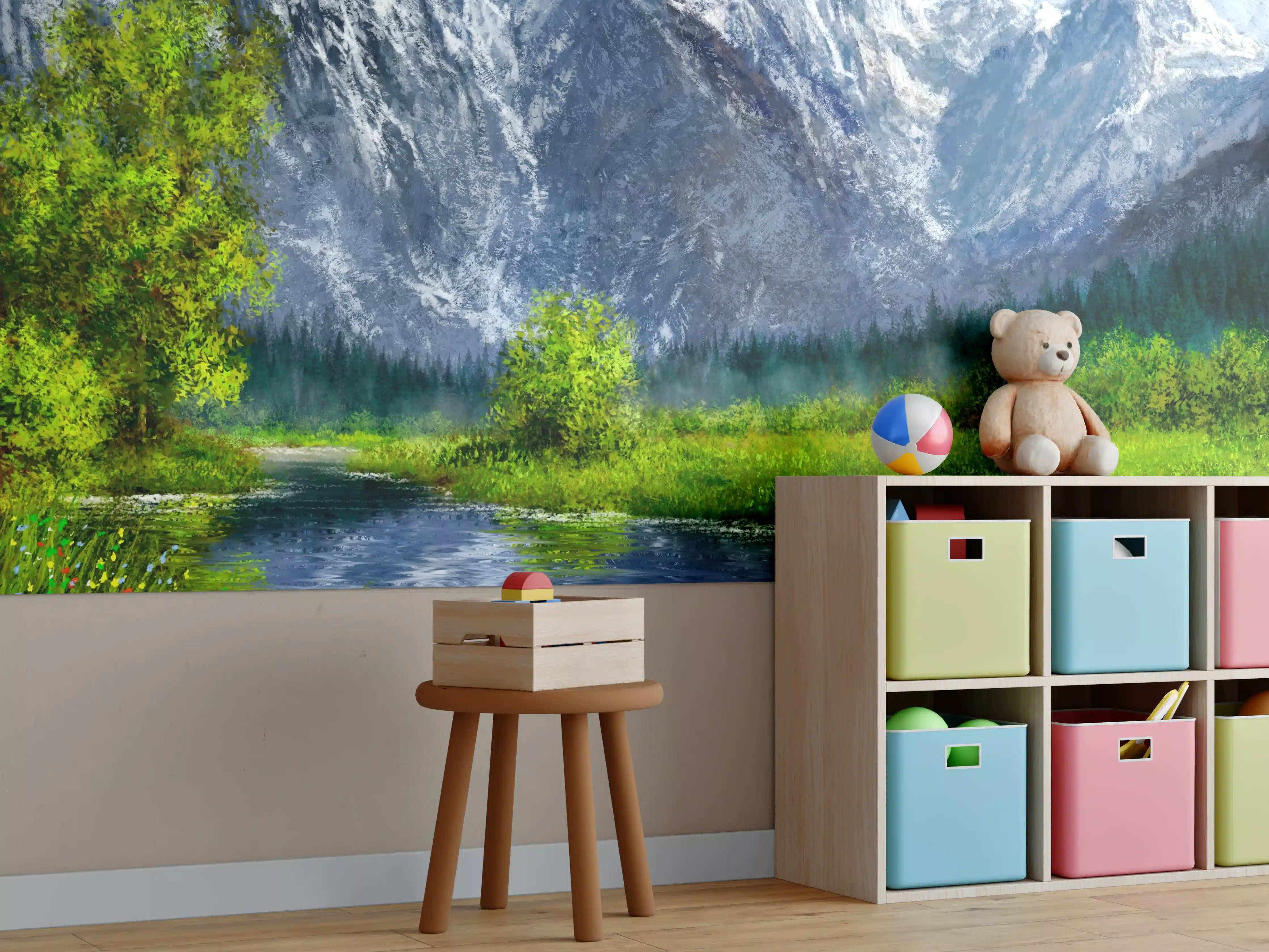 Kinderzimmer Wandgestaltung - Majestätische Bergwelt mit Fluss und Frühlingsgrün