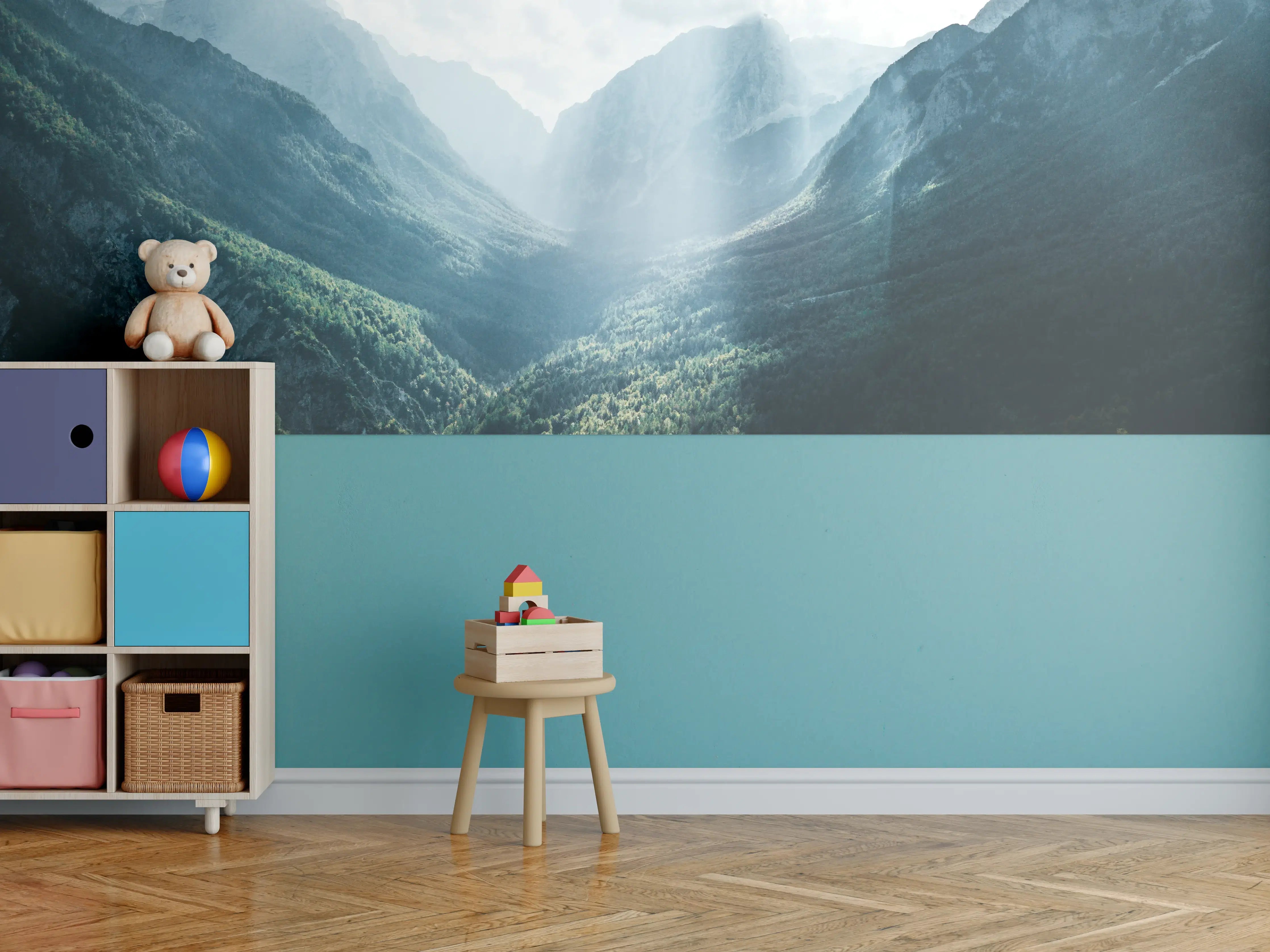Kinderzimmer Wandgestaltung - Majestätische Bergwelt mit Sonnenstrahlen