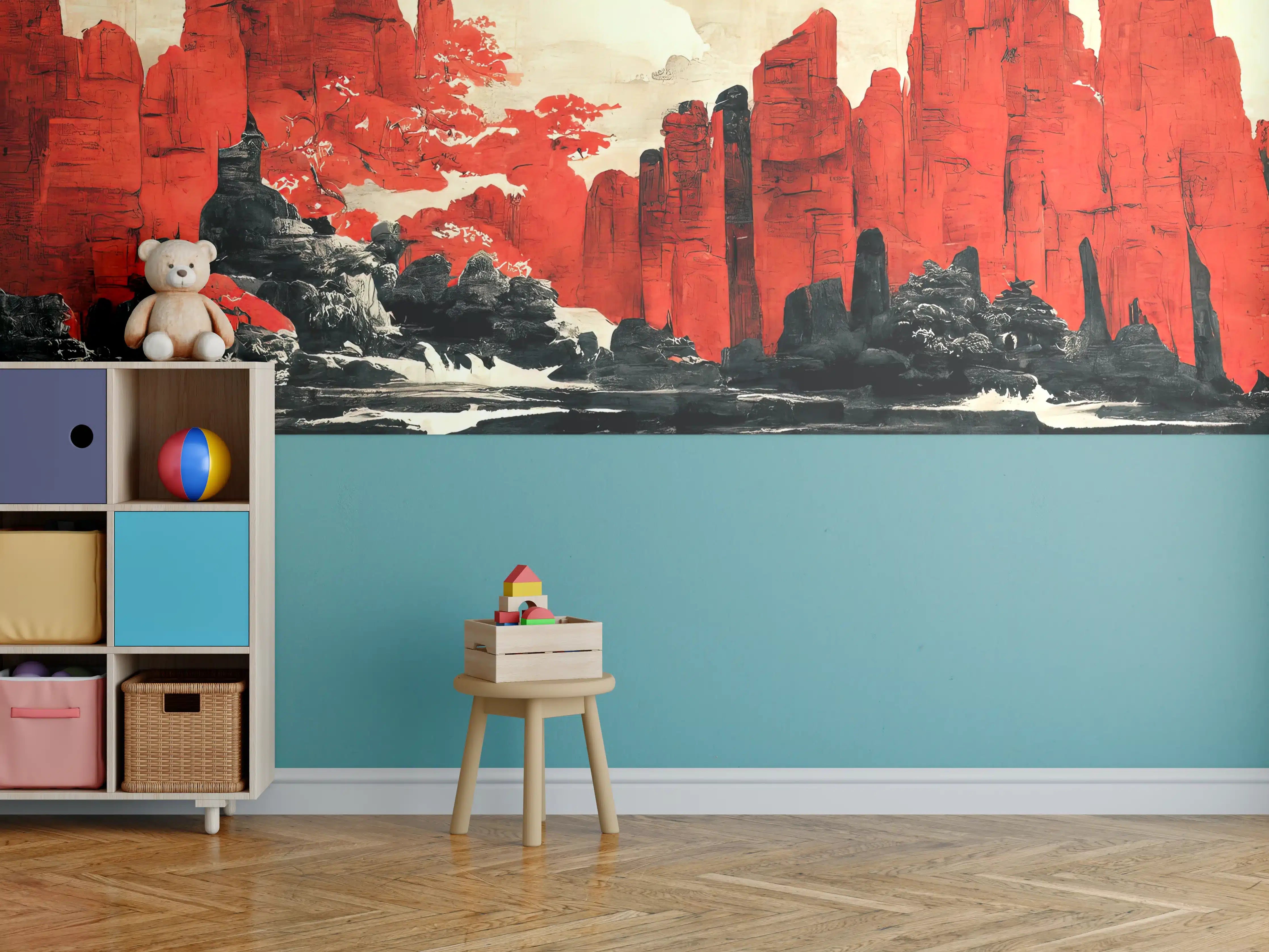 Kinderzimmer Wandgestaltung - Majestätische rote Berglandschaft mit Wasserreflexion