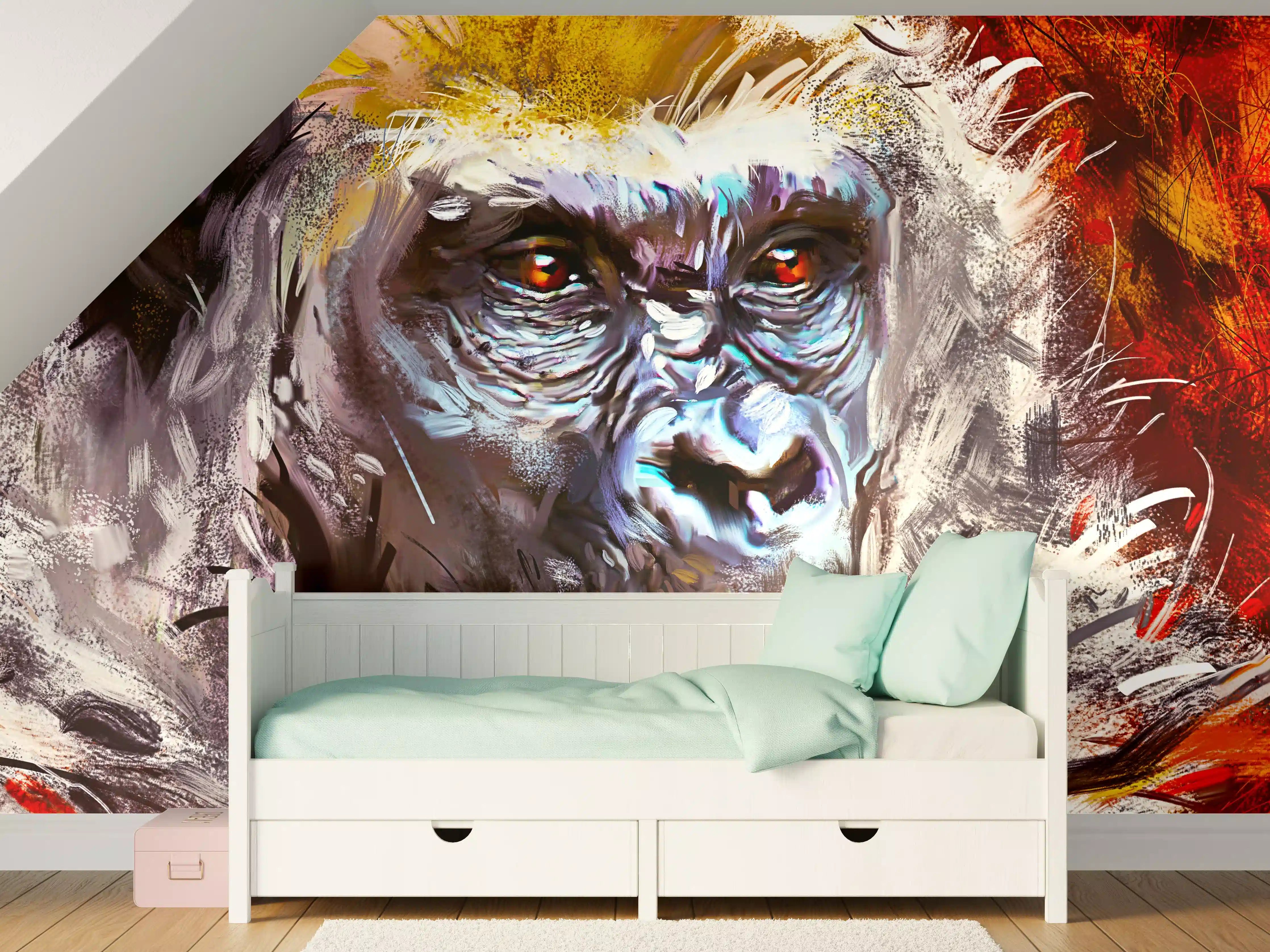 Kinderzimmer Wandgestaltung - Majestätischer Gorilla in lebendigen Farben