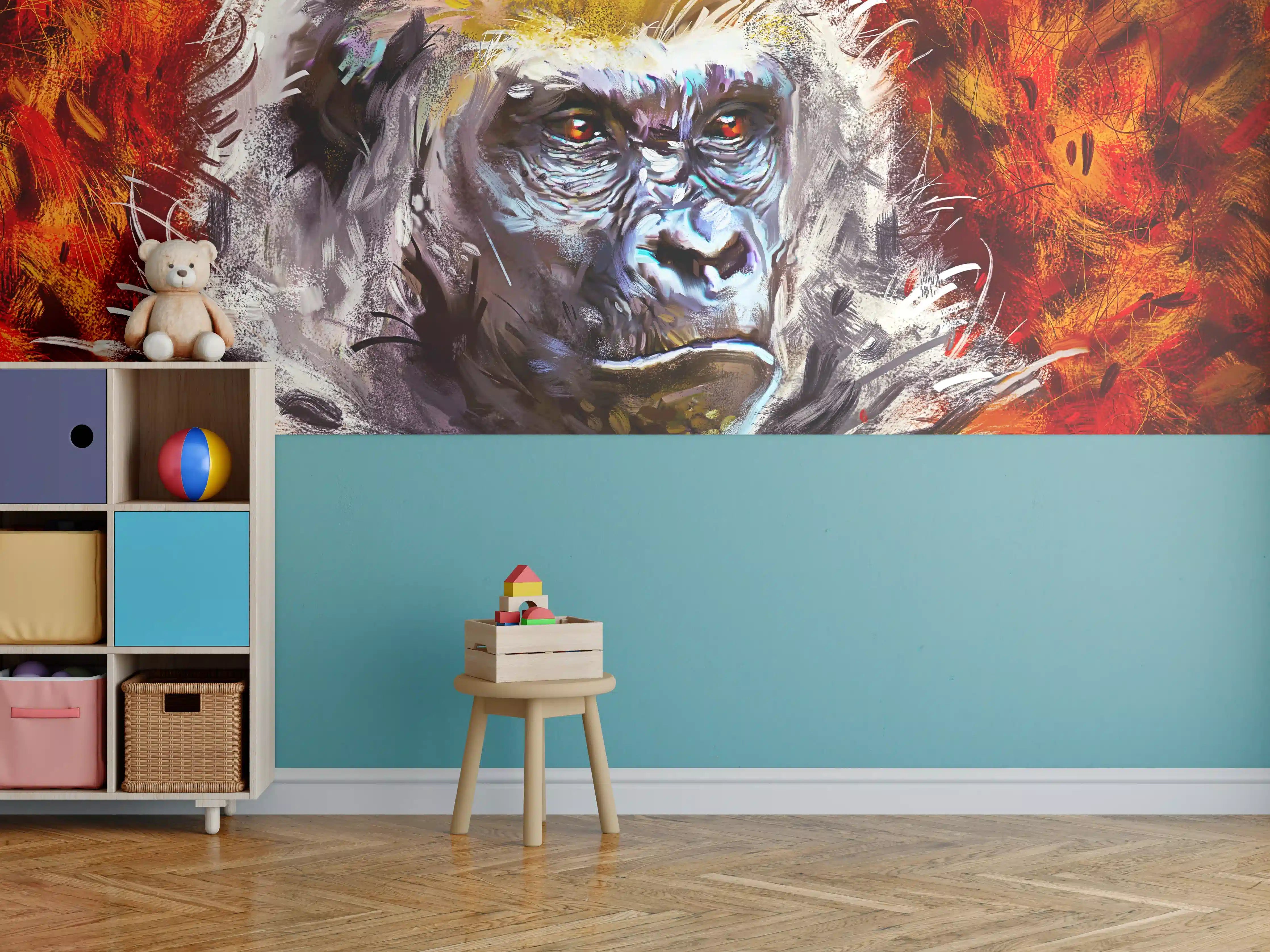 Kinderzimmer Wandgestaltung - Majestätischer Gorilla in lebendigen Farben