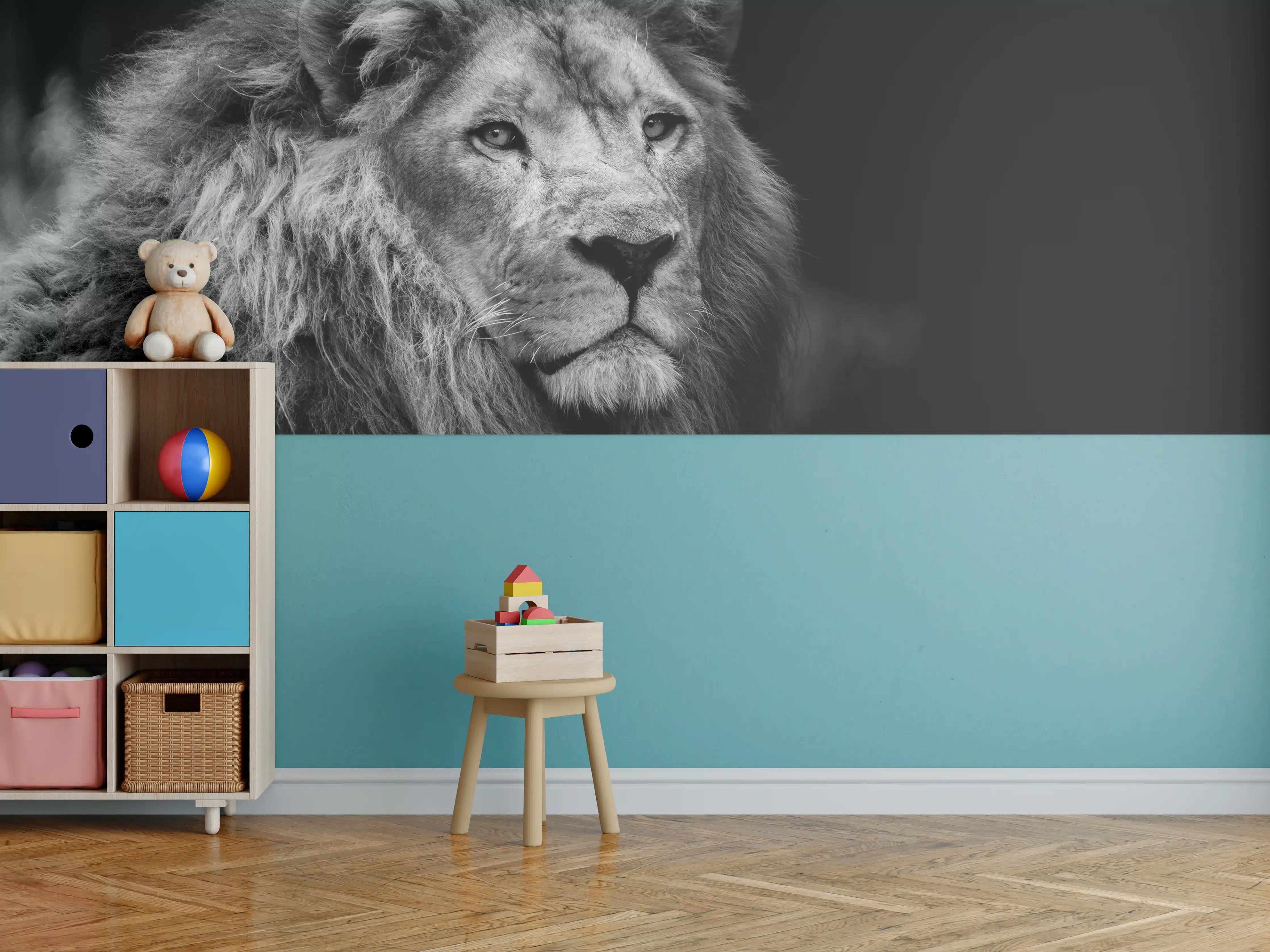 Kinderzimmer Wandgestaltung - Majestätischer Löwe in Schwarz-Weiß