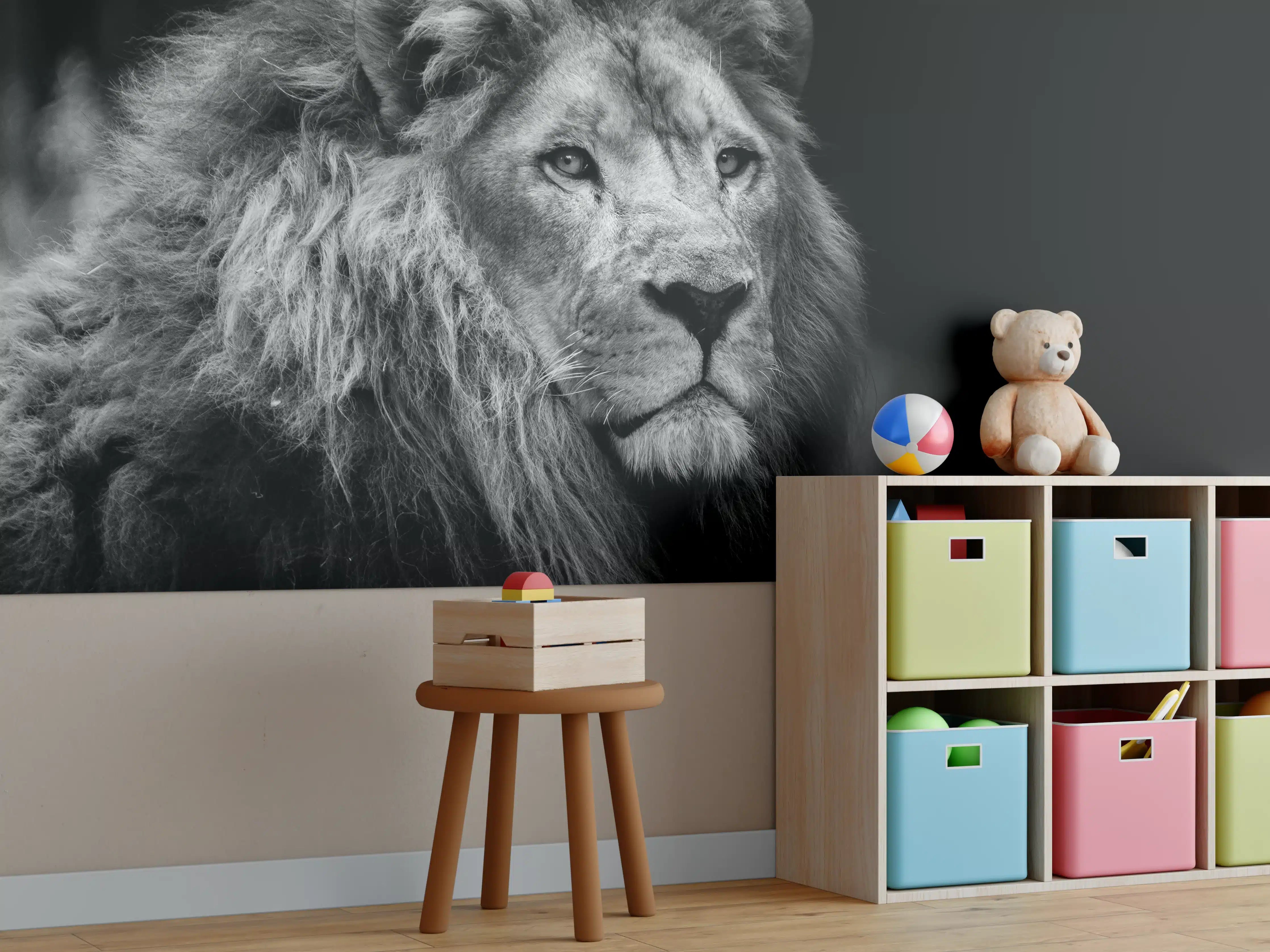 Kinderzimmer Wandgestaltung - Majestätischer Löwe in Schwarz-Weiß