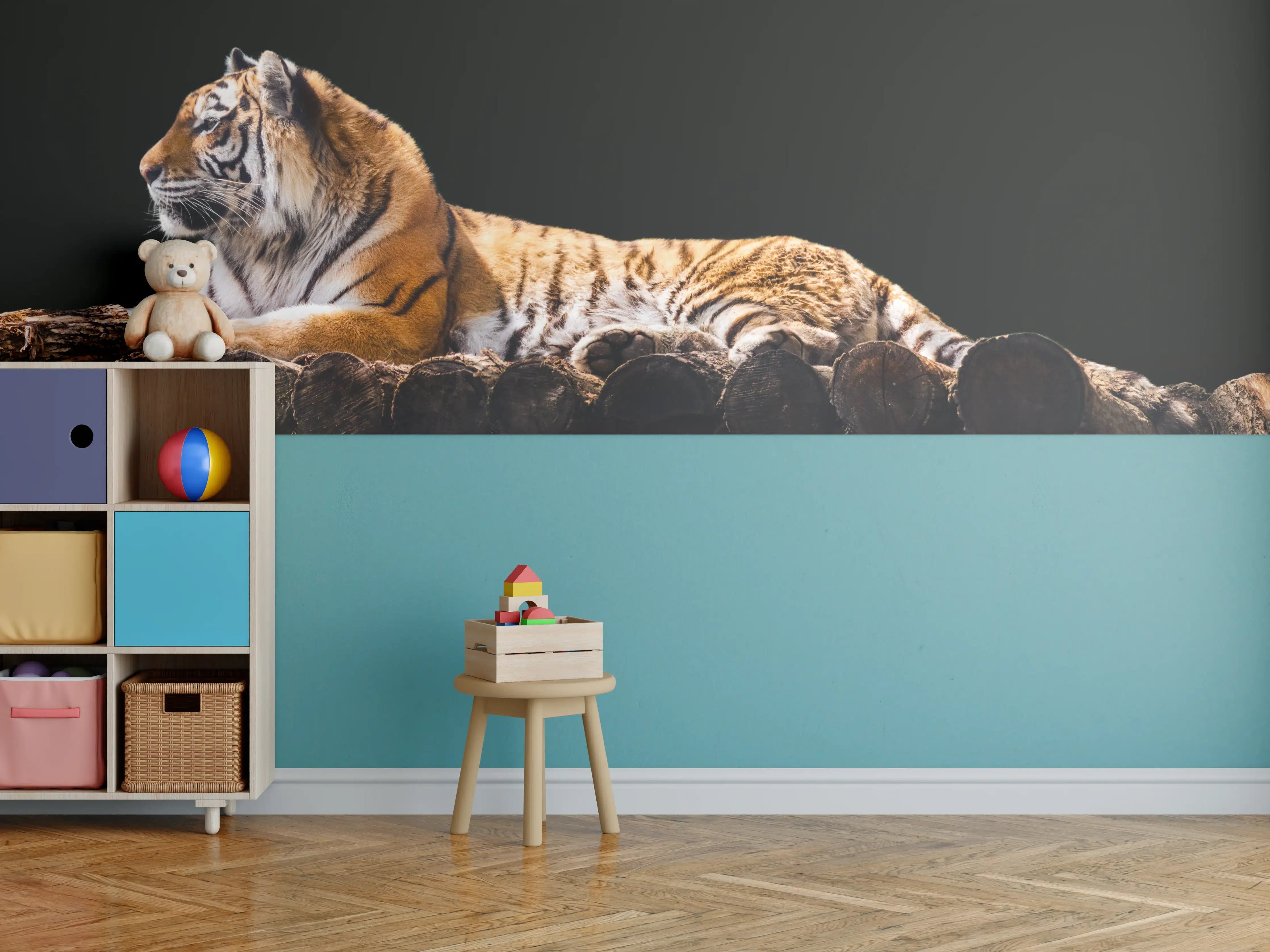 Kinderzimmer Wandgestaltung - Majestätischer Tiger auf dunklem Hintergrund