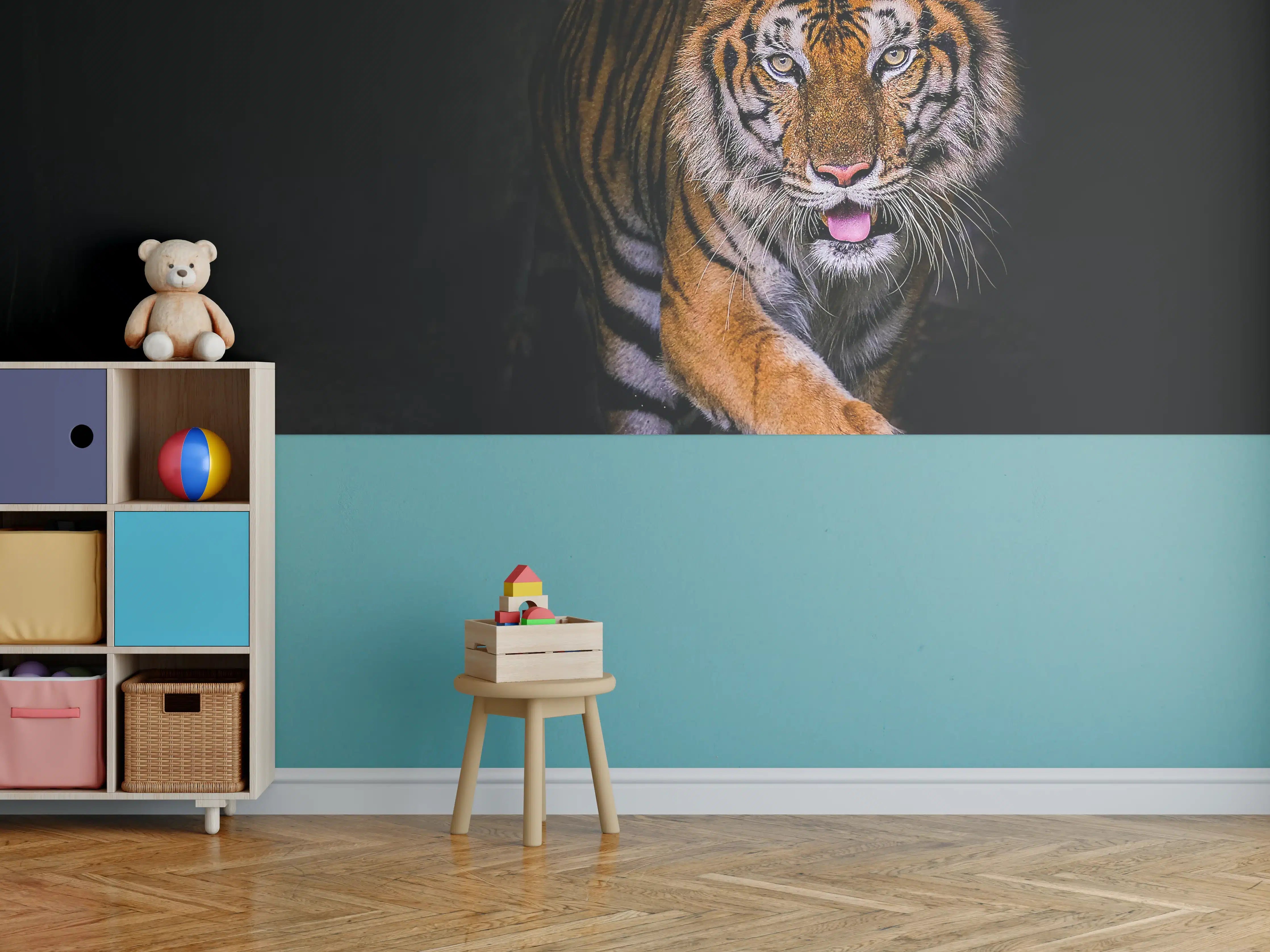 Kinderzimmer Wandgestaltung - Majestätischer Tiger in dunkler Umgebung