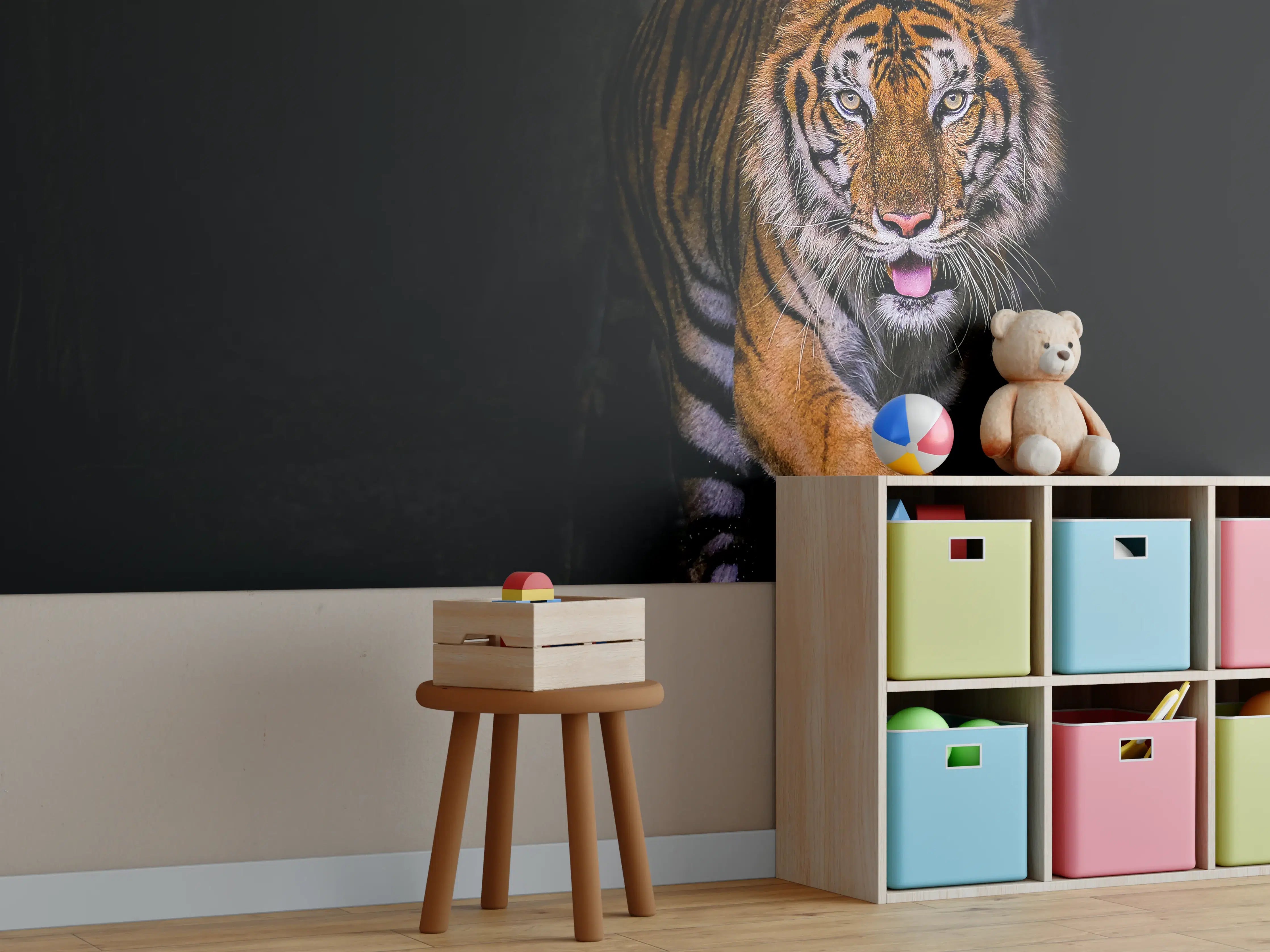 Kinderzimmer Wandgestaltung - Majestätischer Tiger in dunkler Umgebung