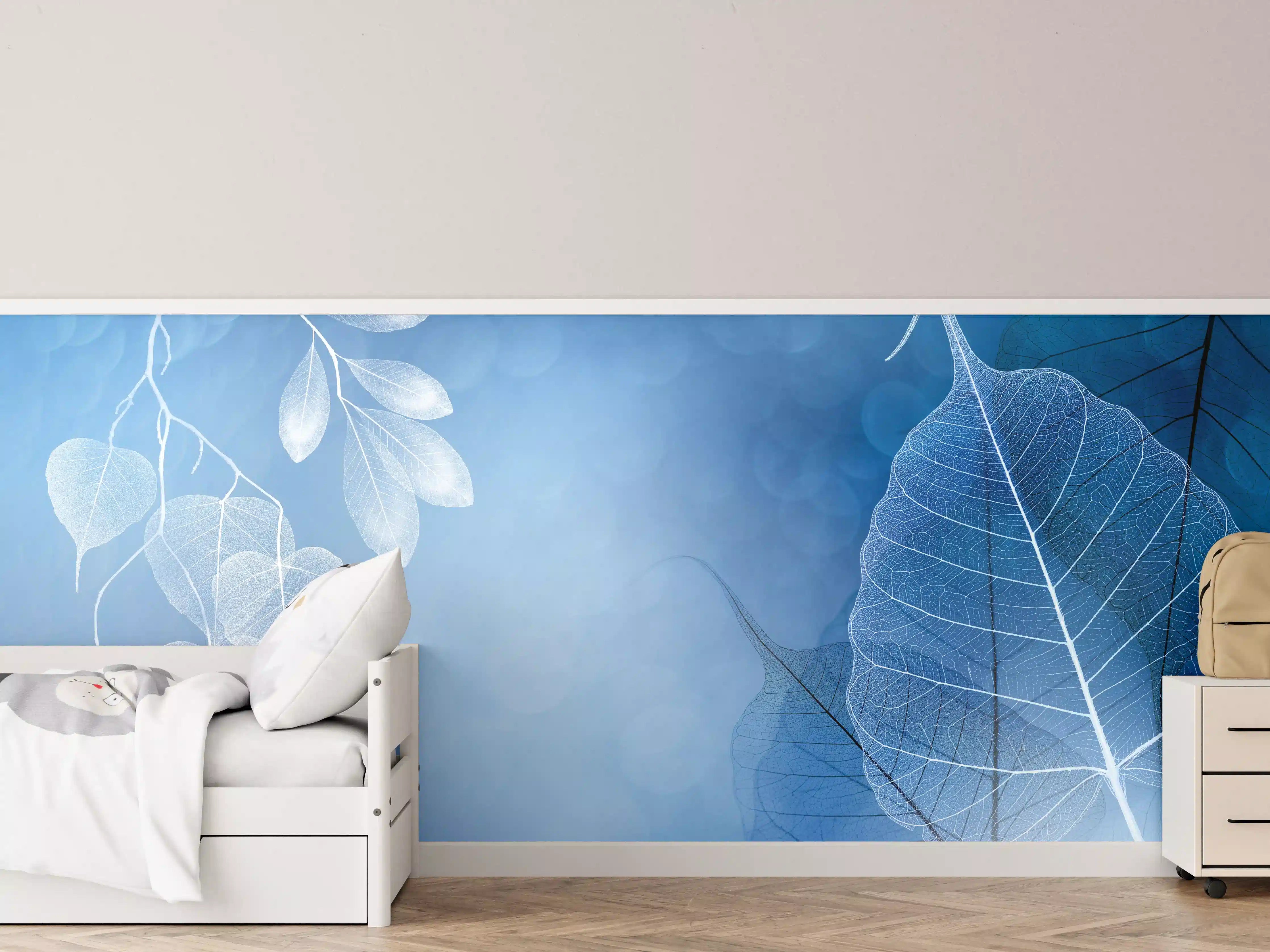 Kinderzimmer Wandgestaltung - Makro Blätter Blau-Grau Kunst