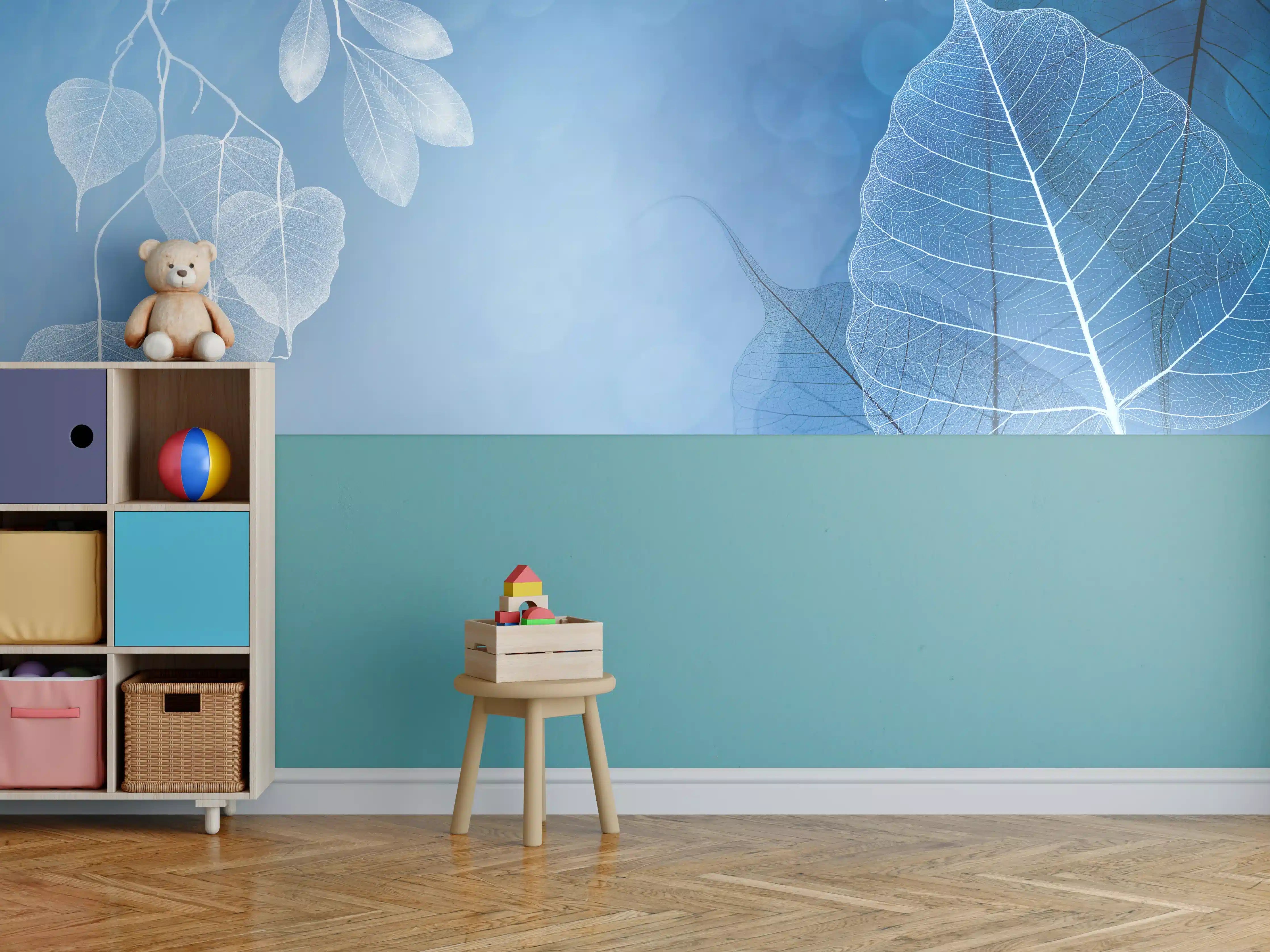 Kinderzimmer Wandgestaltung - Makro Blätter Blau-Grau Kunst