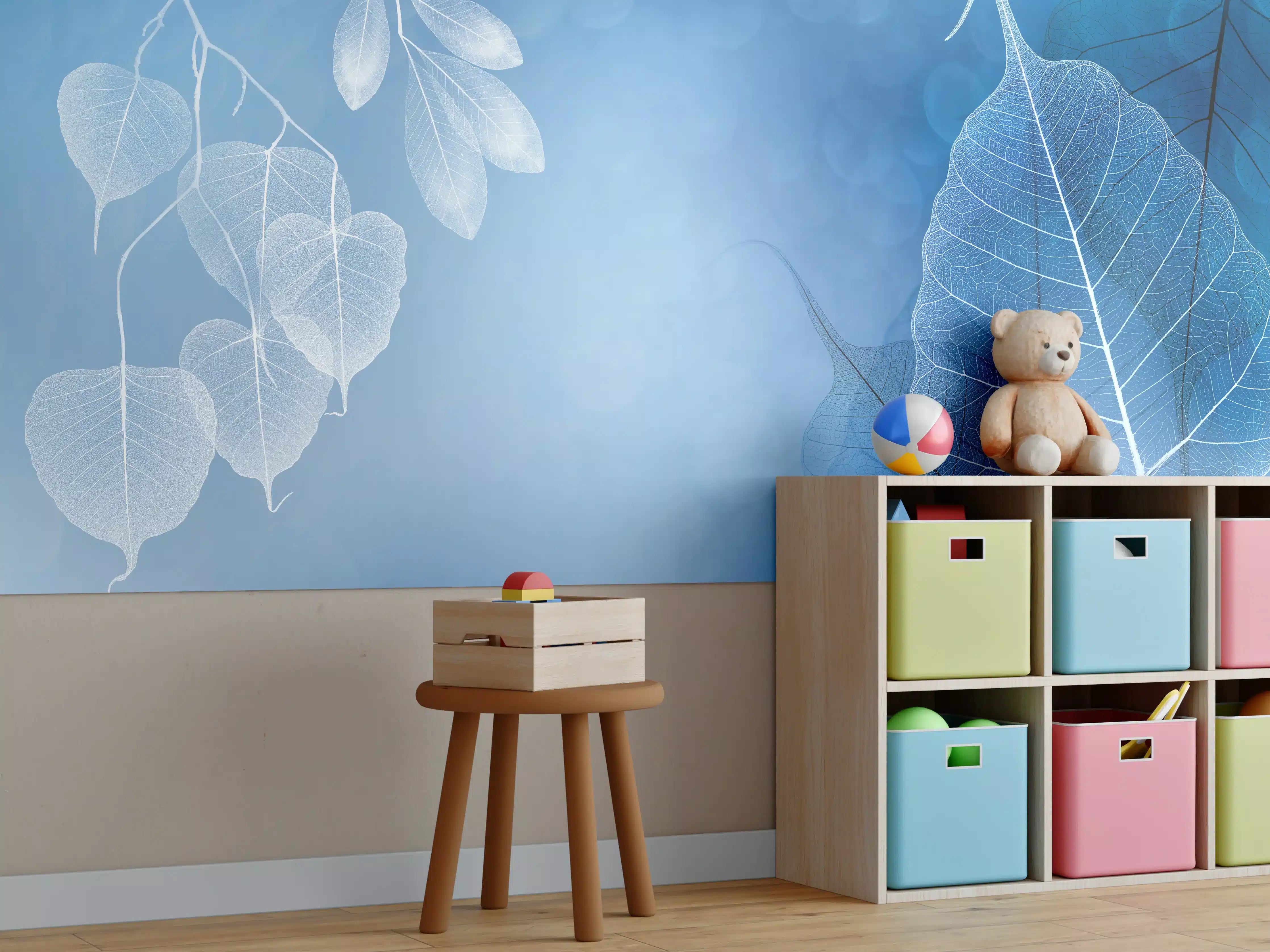 Kinderzimmer Wandgestaltung - Makro Blätter Blau-Grau Kunst