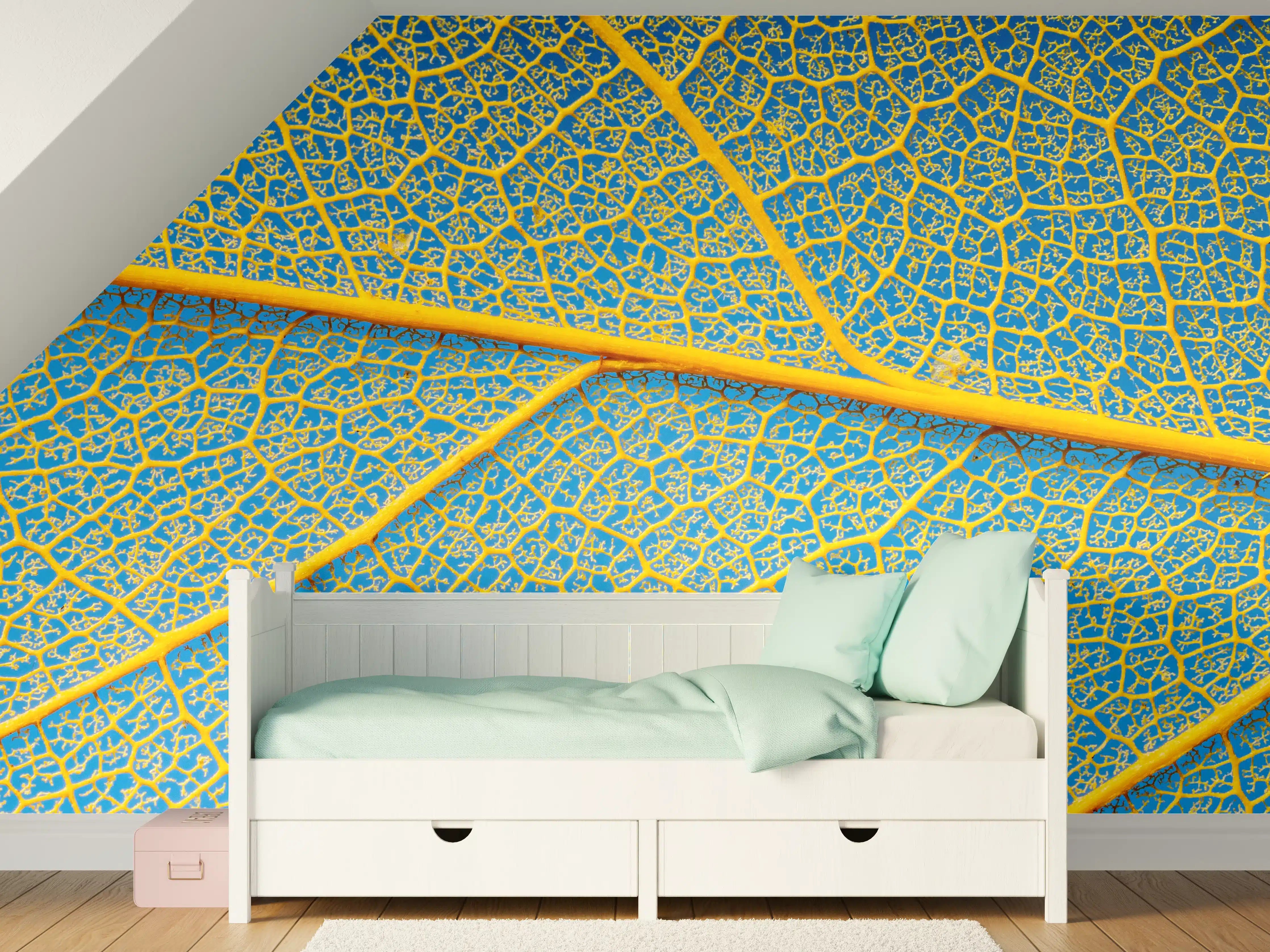 Kinderzimmer Wandgestaltung - Makro Blattadern Textur Gelb-Blau