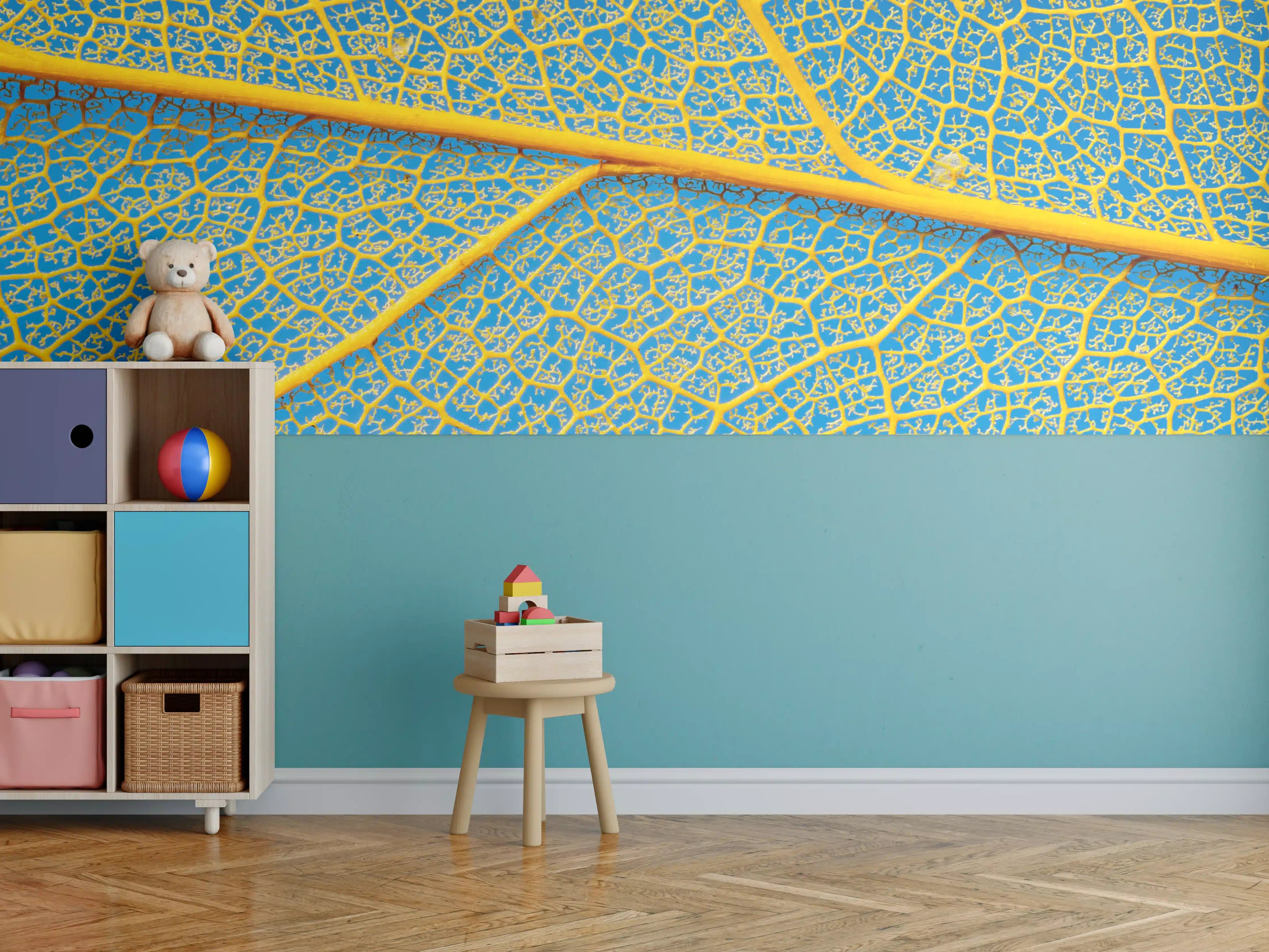 Kinderzimmer Wandgestaltung - Makro Blattadern Textur Gelb-Blau