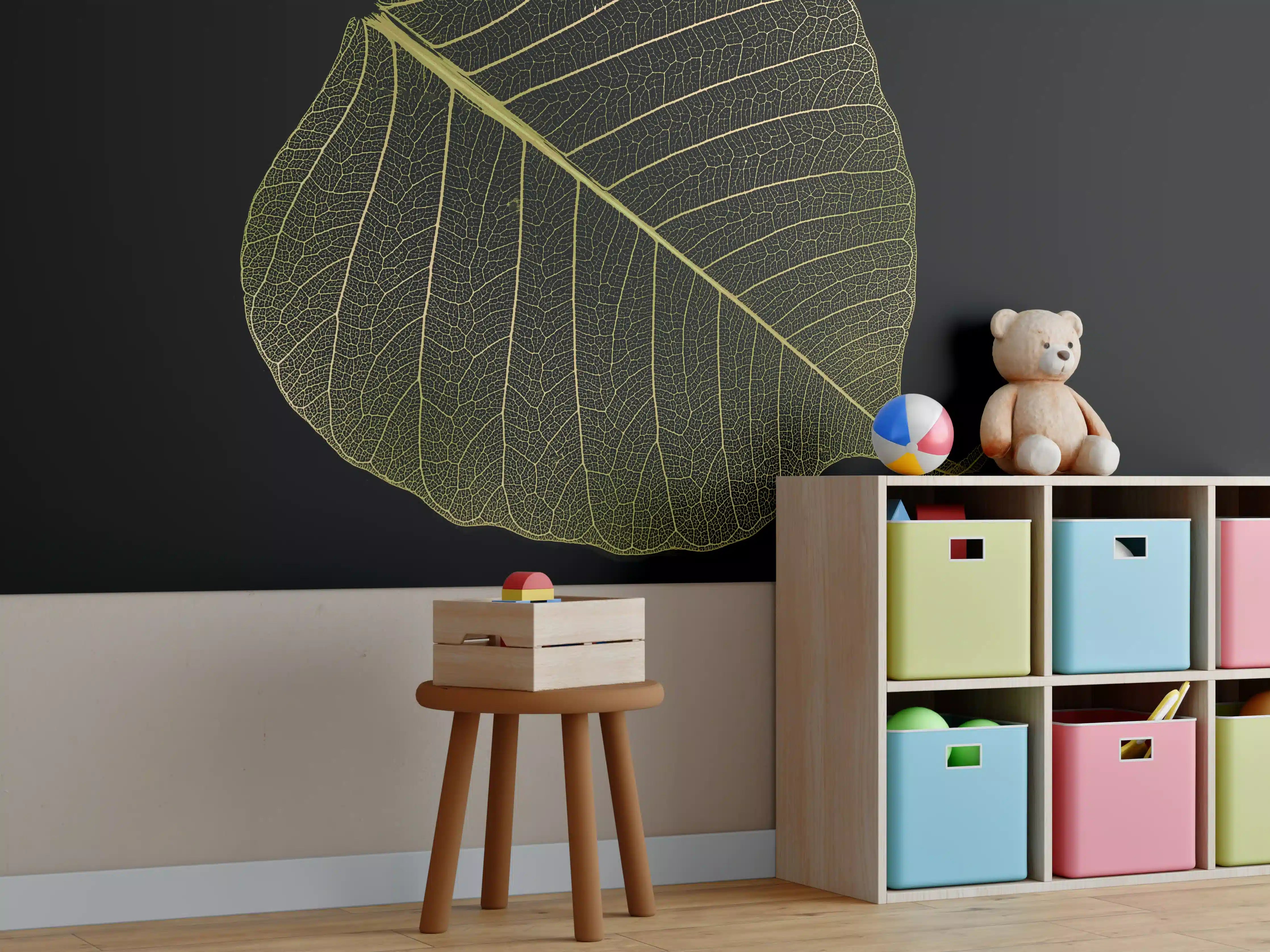 Kinderzimmer Wandgestaltung - Makro Blattstruktur Schwarz-Gelb