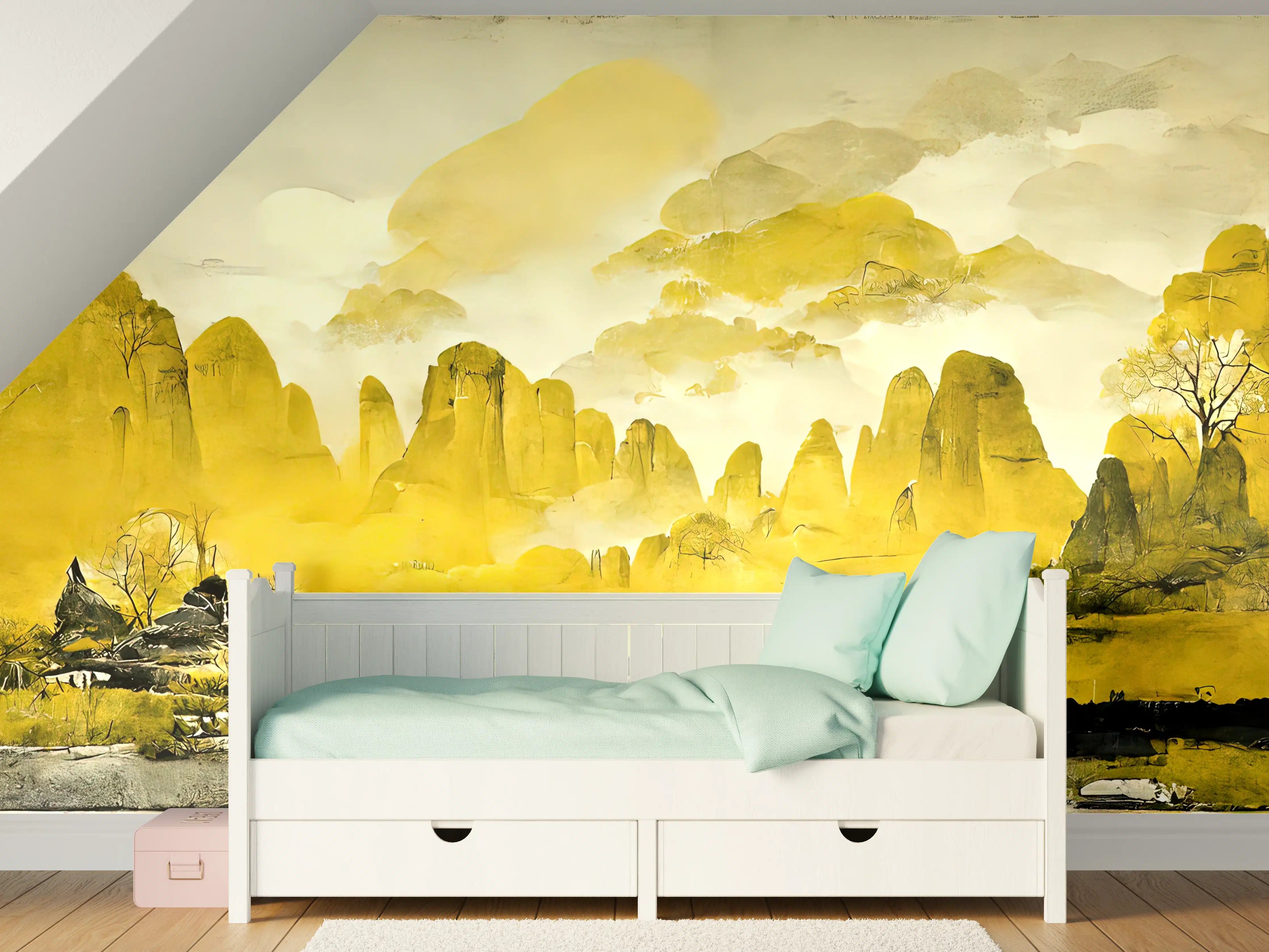 Kinderzimmer Wandgestaltung - Malerei der dramatischen Berglandschaft in sanften Gelb- und Grautönen