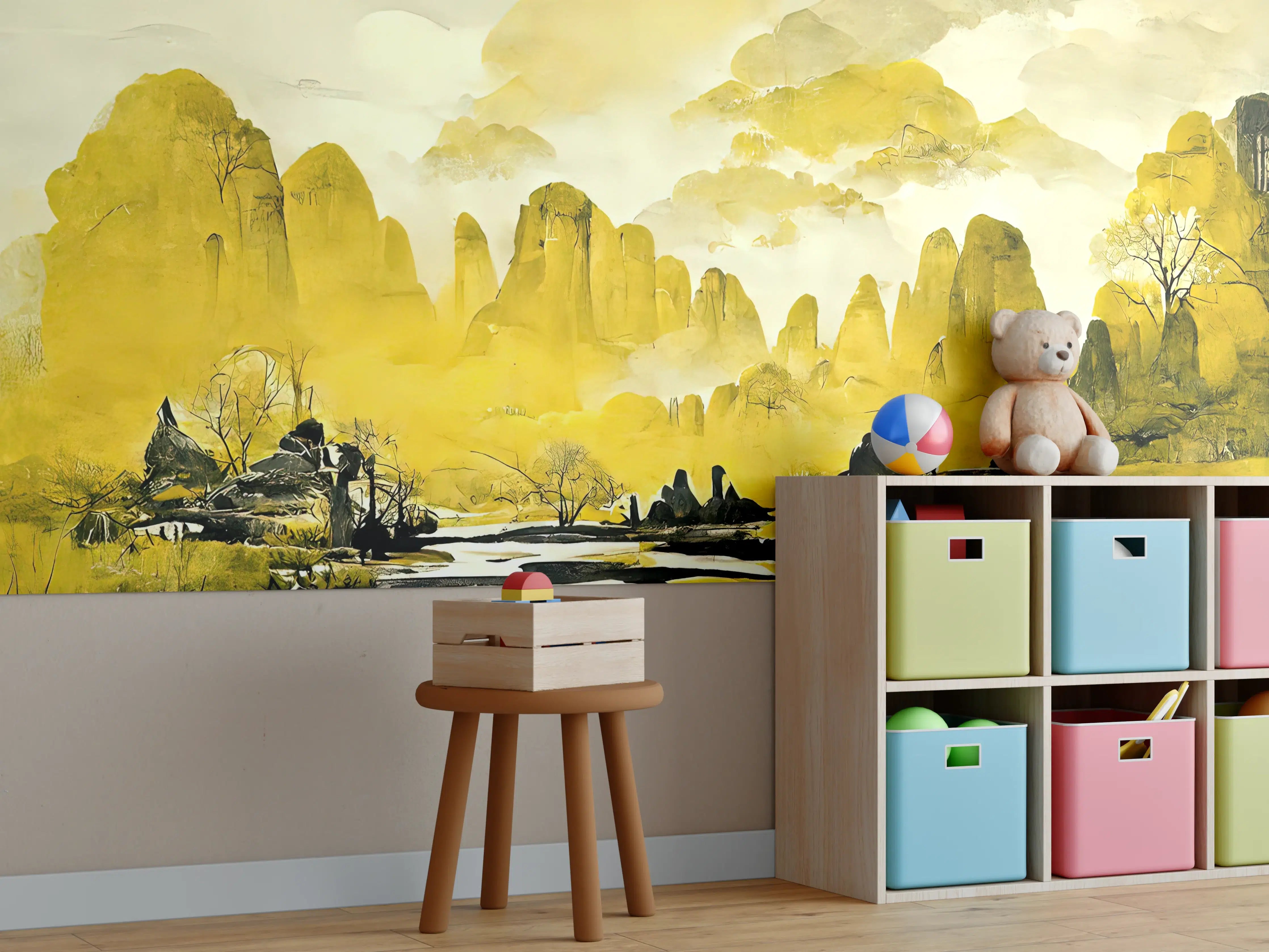 Kinderzimmer Wandgestaltung - Malerei der dramatischen Berglandschaft in sanften Gelb- und Grautönen