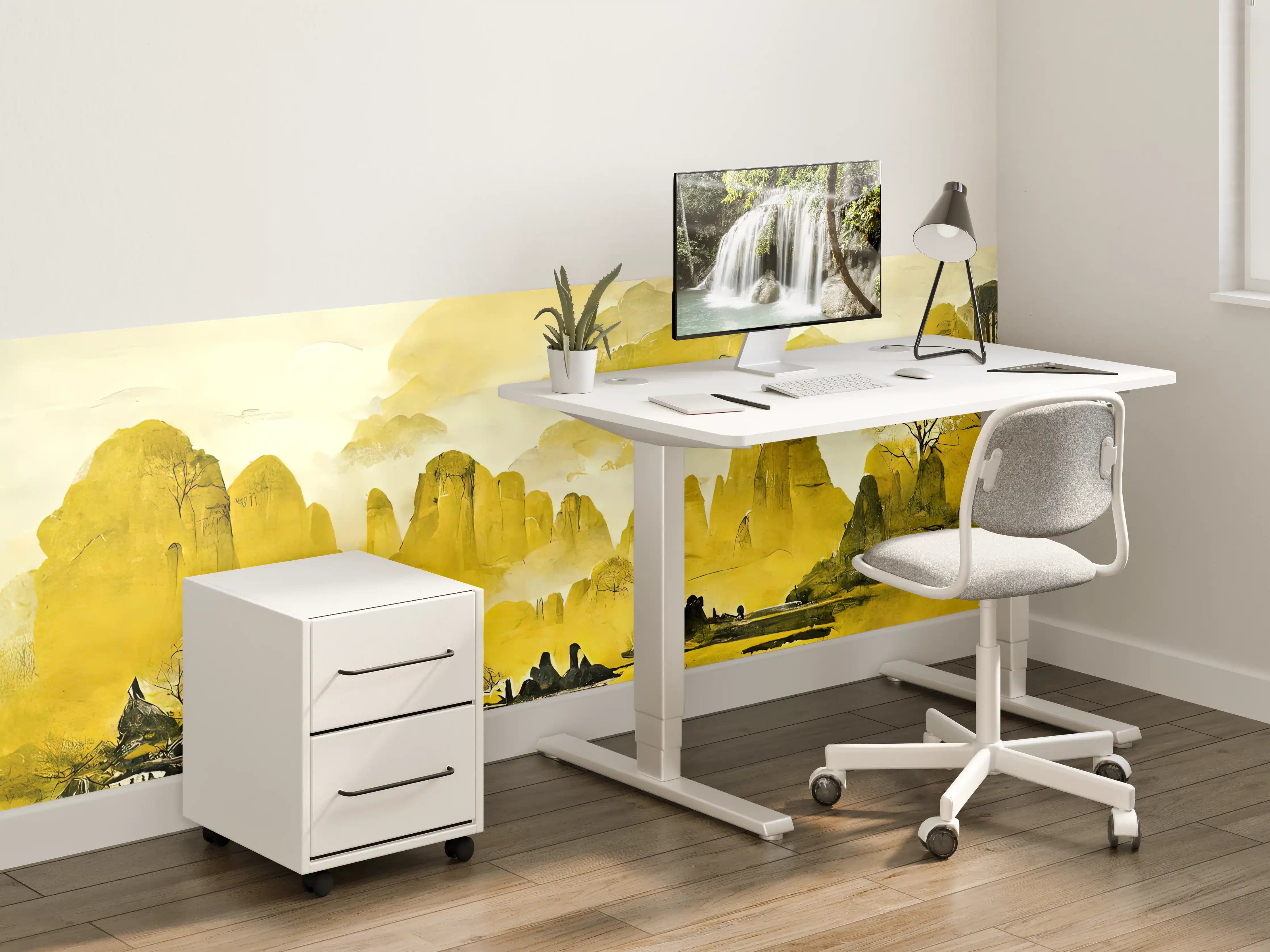 Kinderzimmer Wandgestaltung - Malerei der dramatischen Berglandschaft in sanften Gelb- und Grautönen