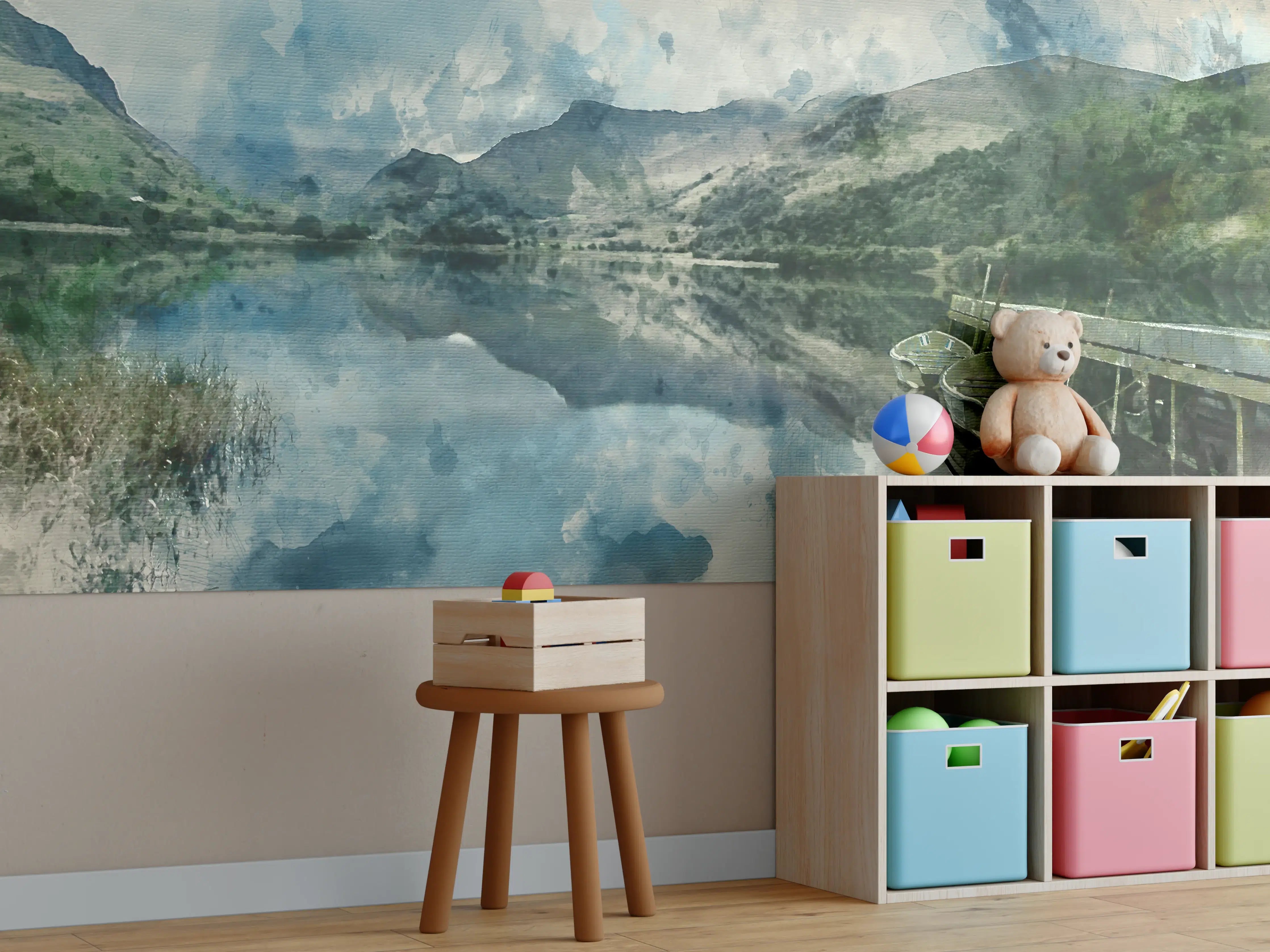 Kinderzimmer Wandgestaltung - Malerei eines ruhigen Sees mit Booten