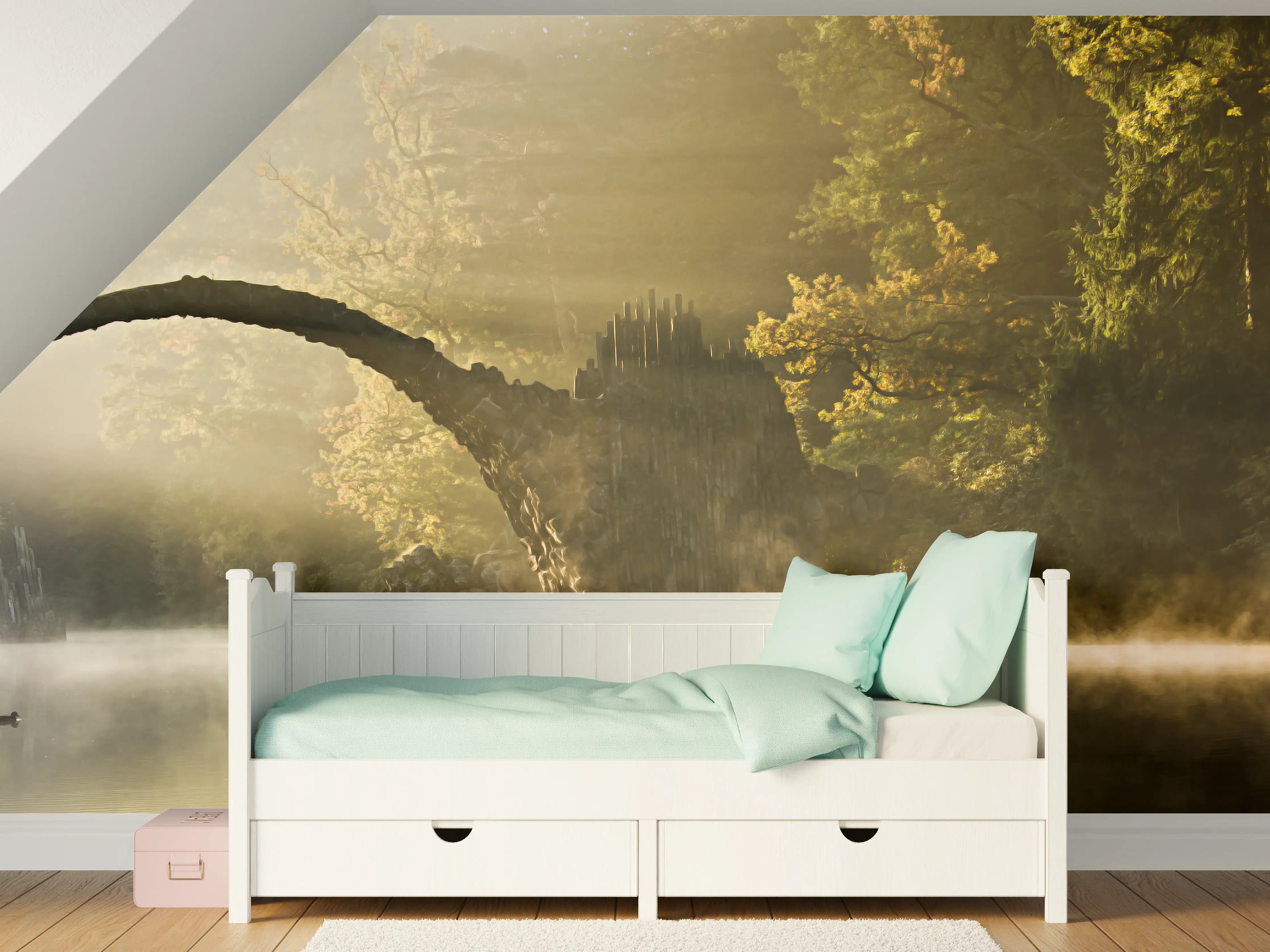 Kinderzimmer Wandgestaltung - Malerische Flusslandschaft mit Morgendunst