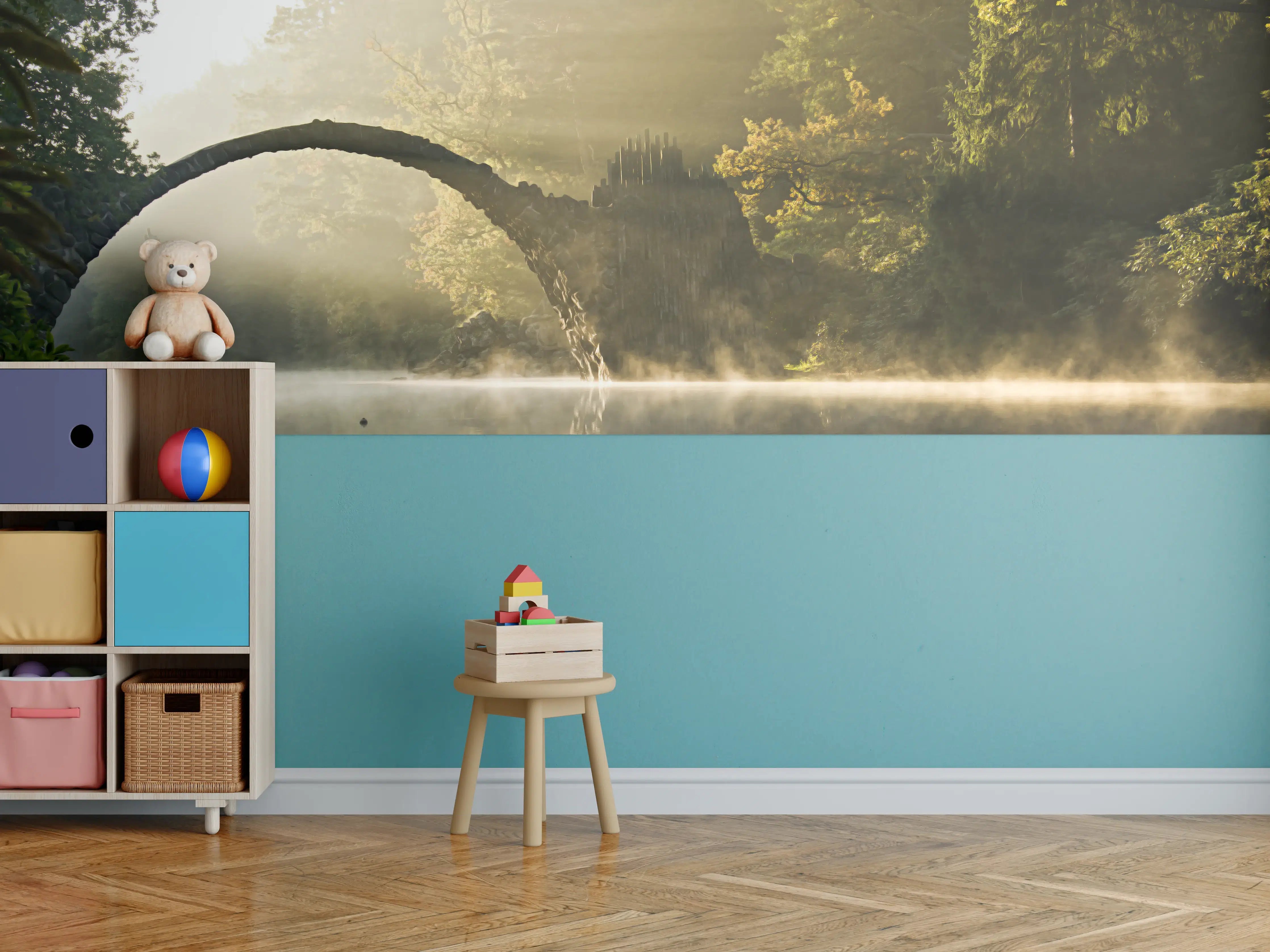 Kinderzimmer Wandgestaltung - Malerische Flusslandschaft mit Morgendunst