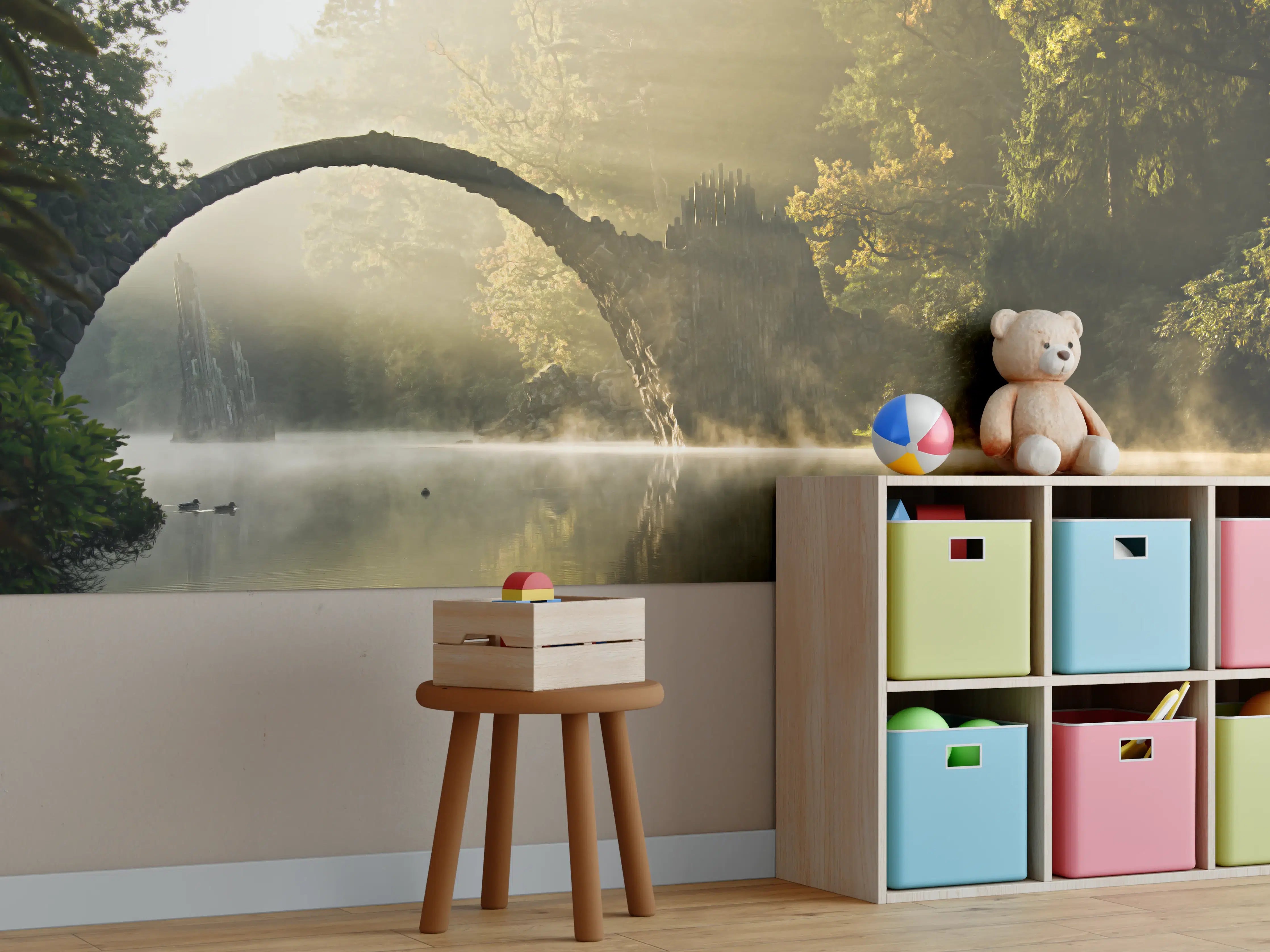 Kinderzimmer Wandgestaltung - Malerische Flusslandschaft mit Morgendunst