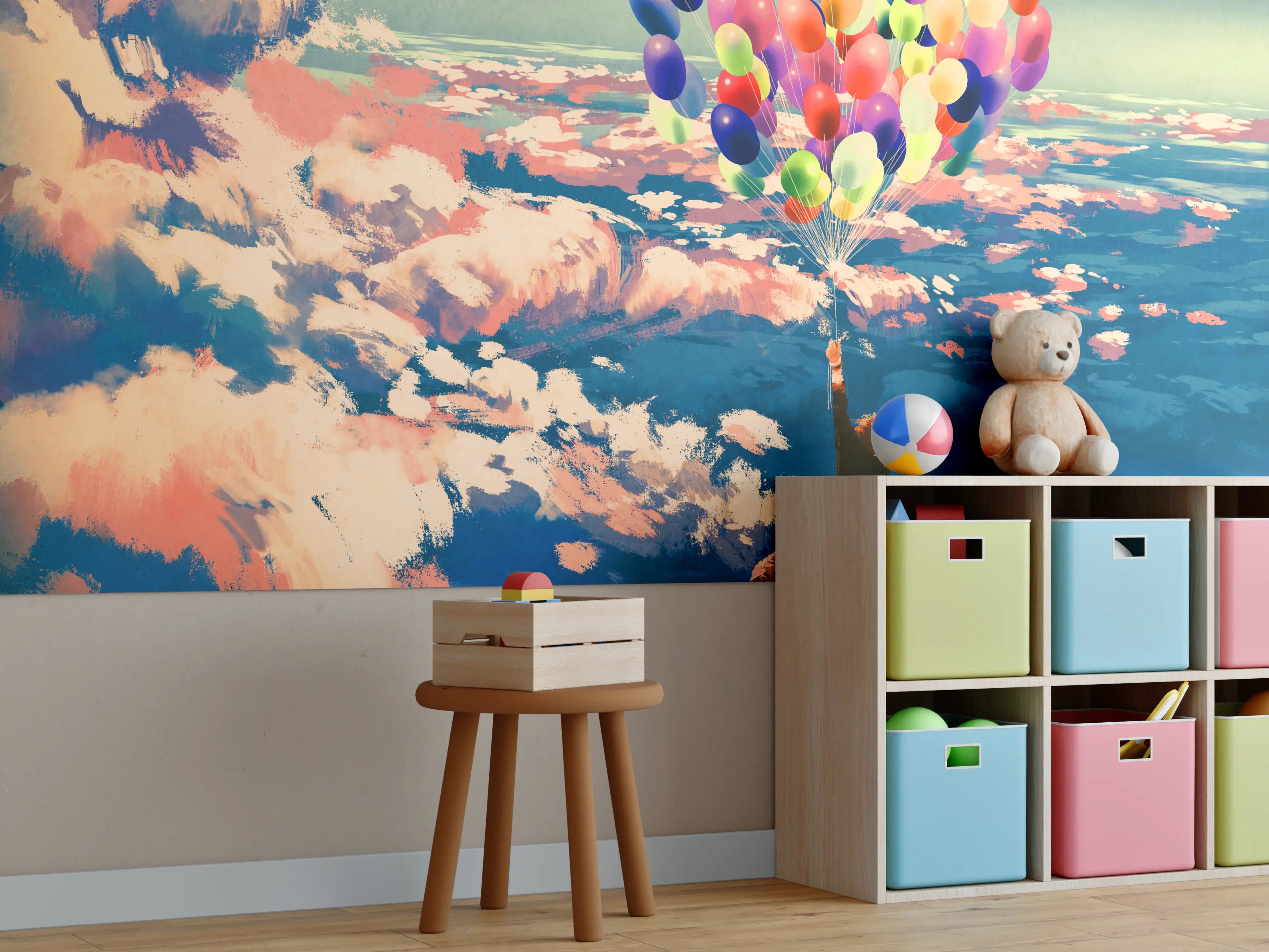 Kinderzimmer Wandgestaltung - Mann fliegt mit bunten Luftballons über Wolken
