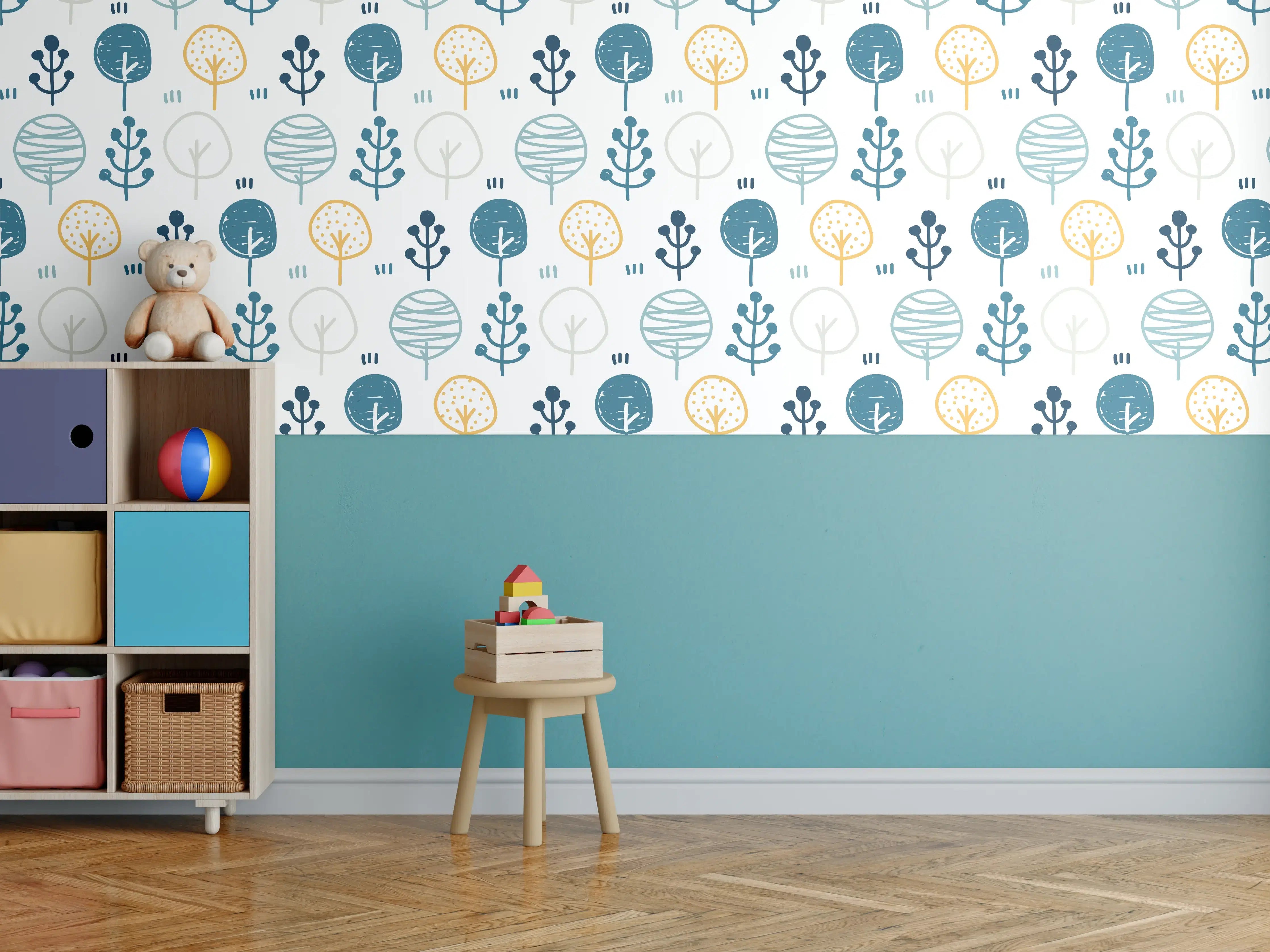 Kinderzimmer Wandgestaltung - Maritimes Blau-Gelb Musterdesign