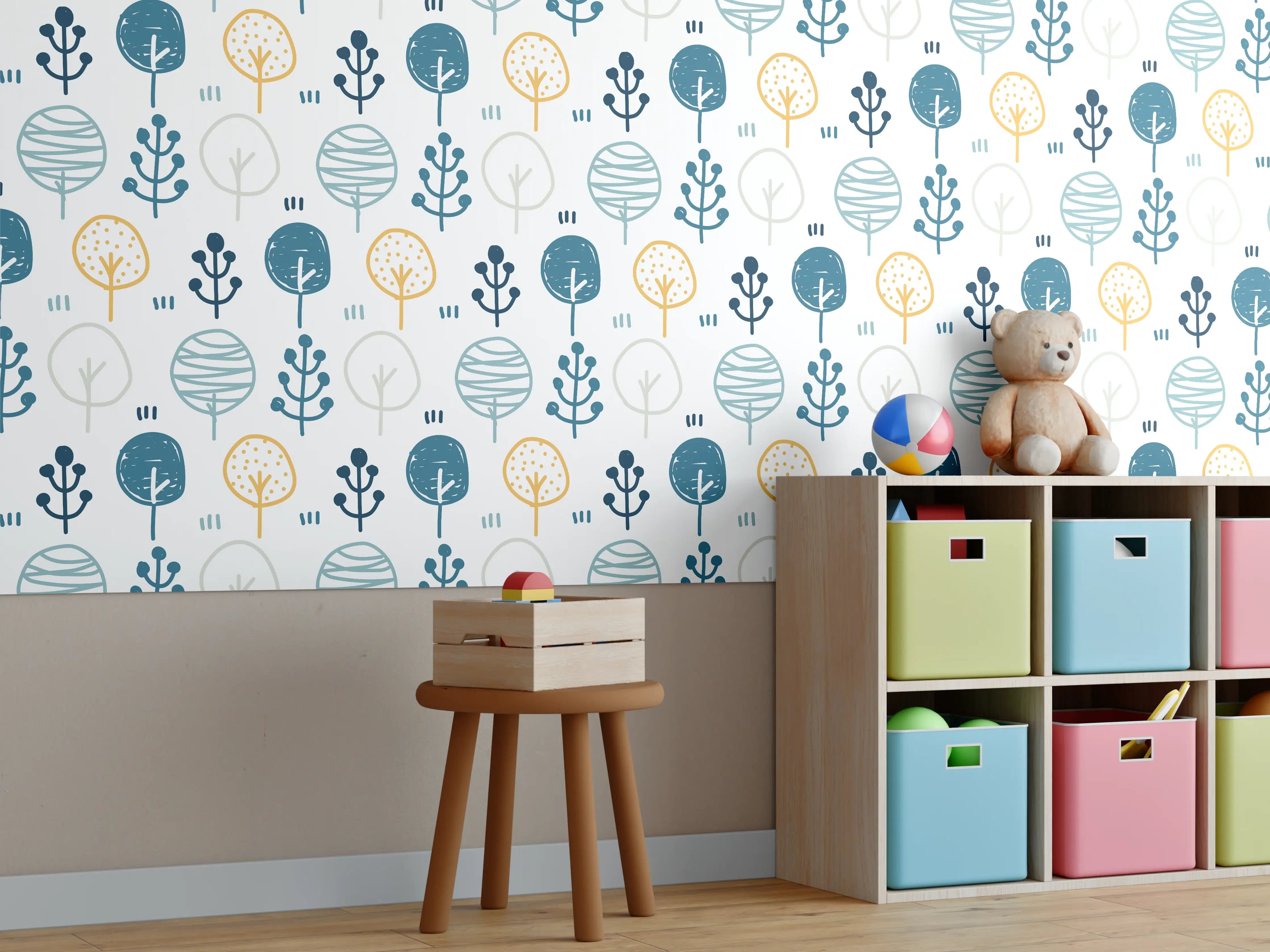 Kinderzimmer Wandgestaltung - Maritimes Blau-Gelb Musterdesign