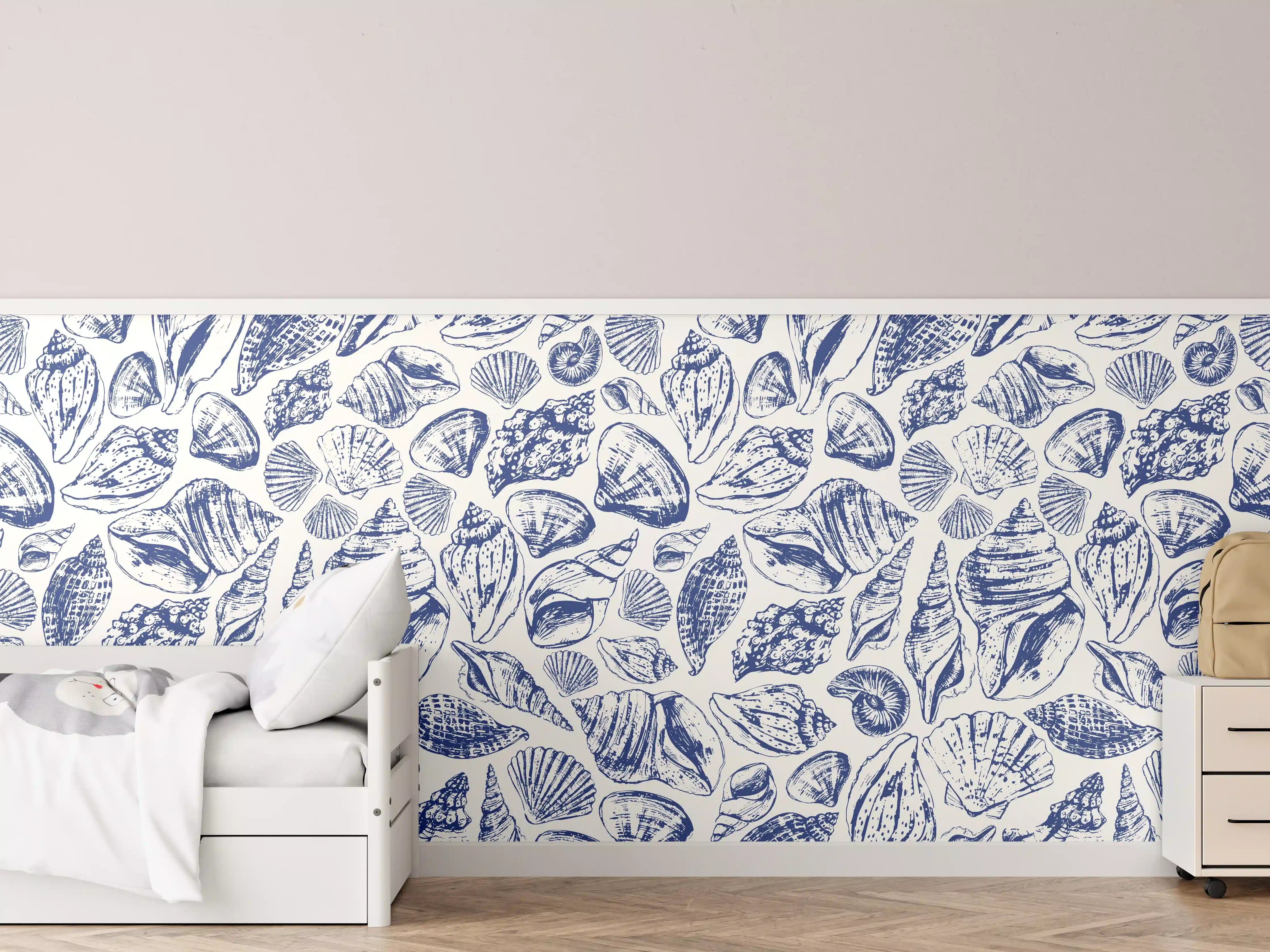 Kinderzimmer Wandgestaltung - Maritimes Muschelmuster Blau-Weiß