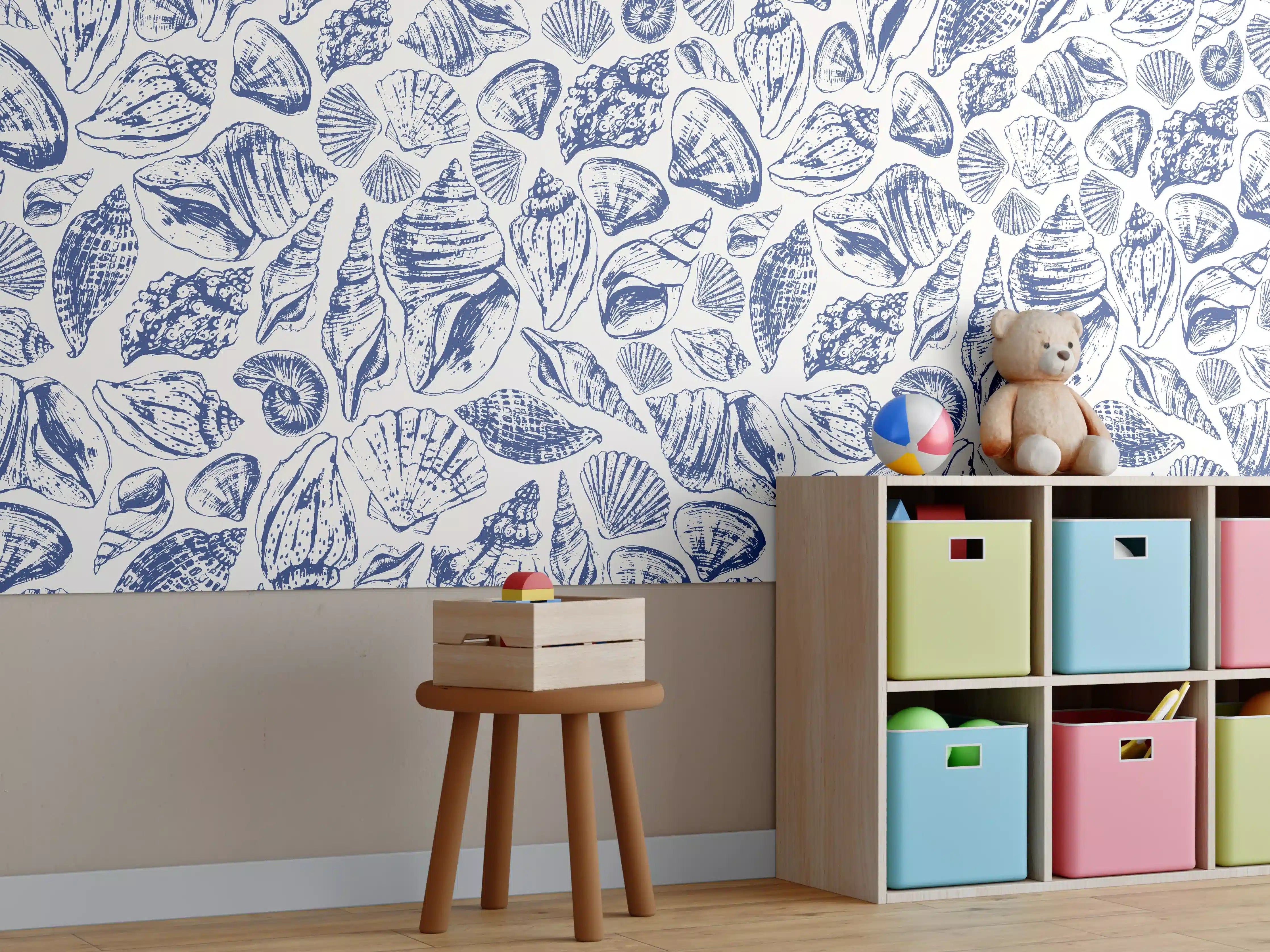 Kinderzimmer Wandgestaltung - Maritimes Muschelmuster Blau-Weiß