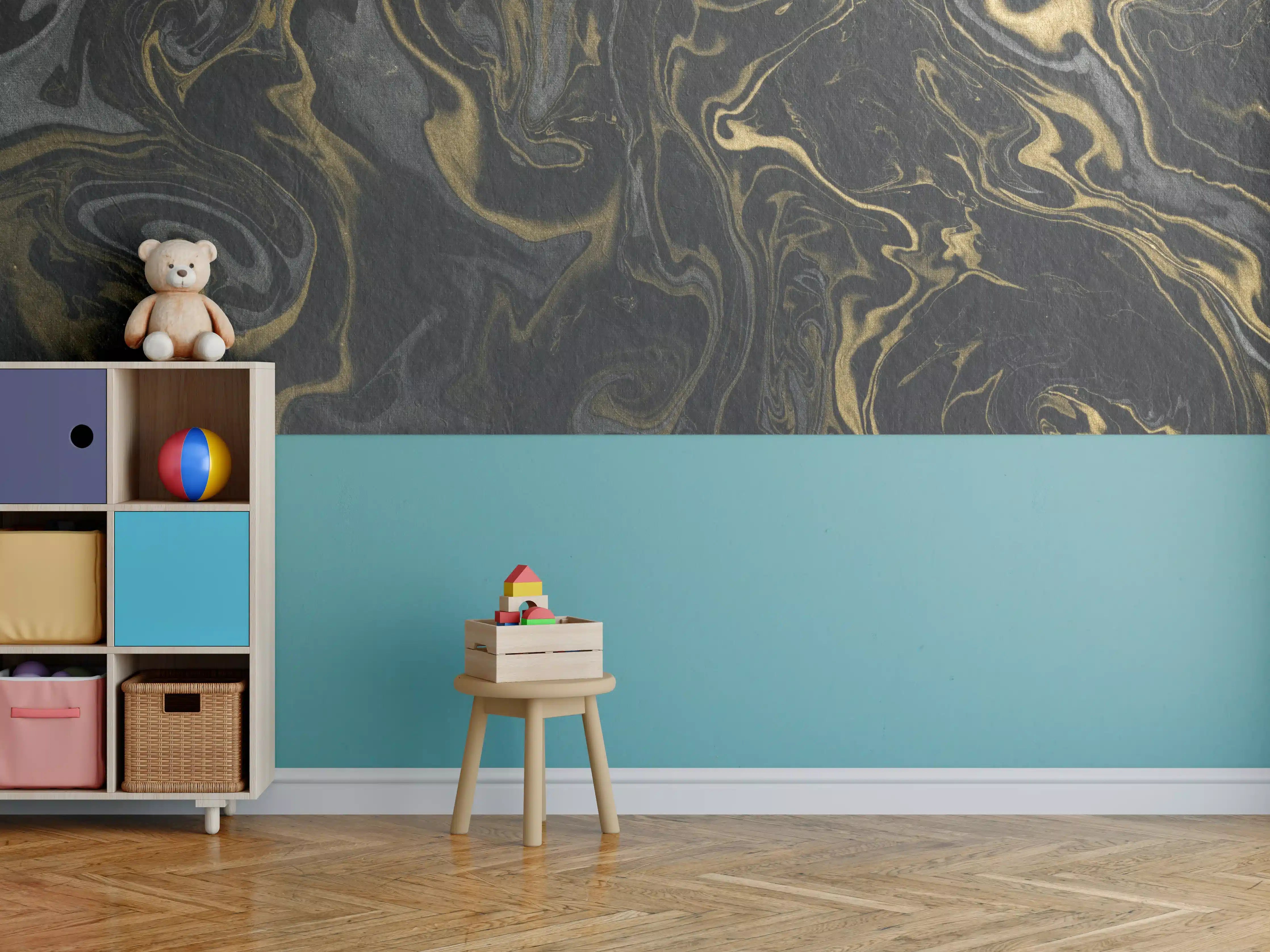 Kinderzimmer Wandgestaltung - Marmor mit antikem goldenen und weißen Muster