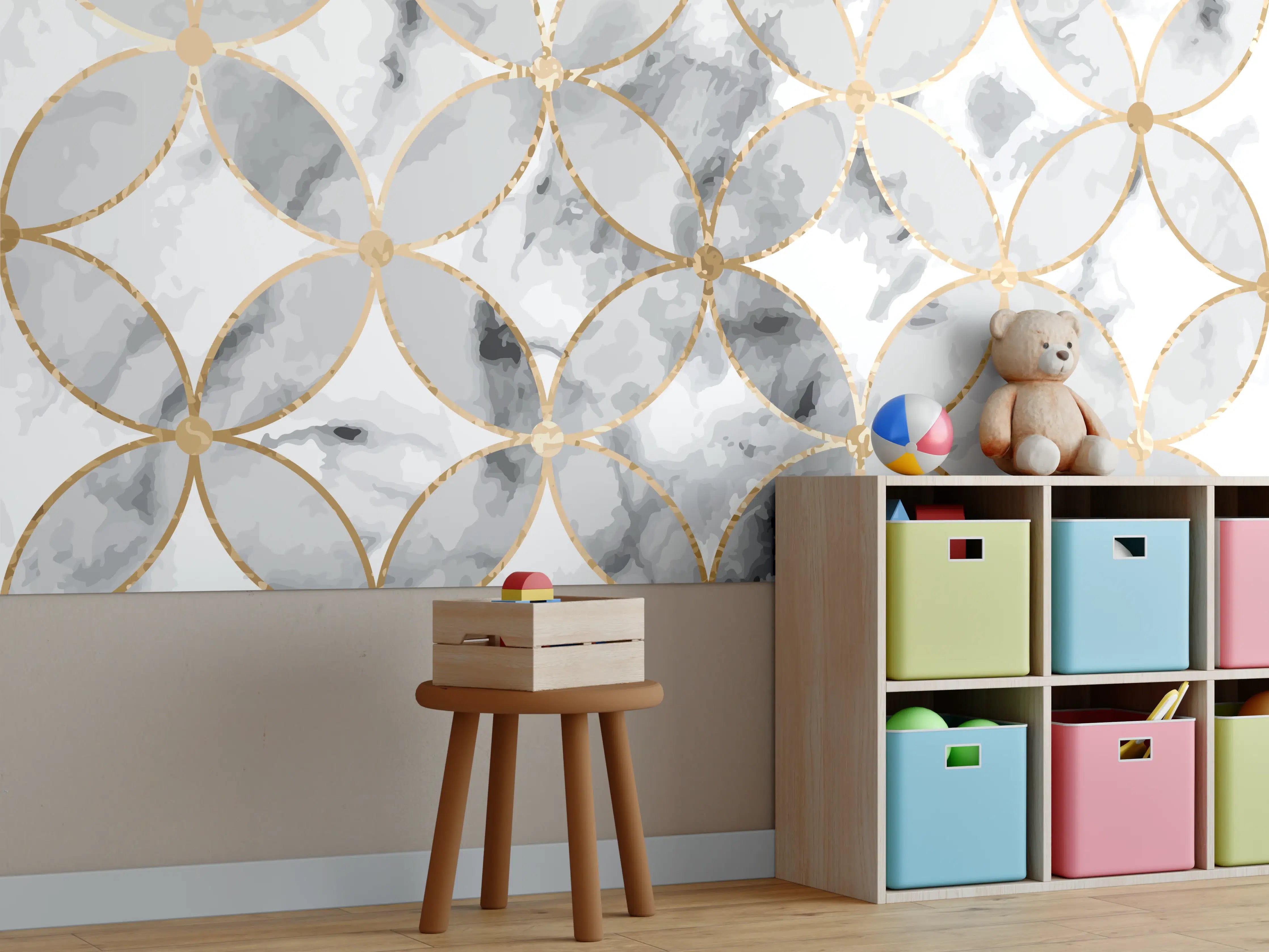 Kinderzimmer Wandgestaltung - Marmoroptik Gold Grau Weiß