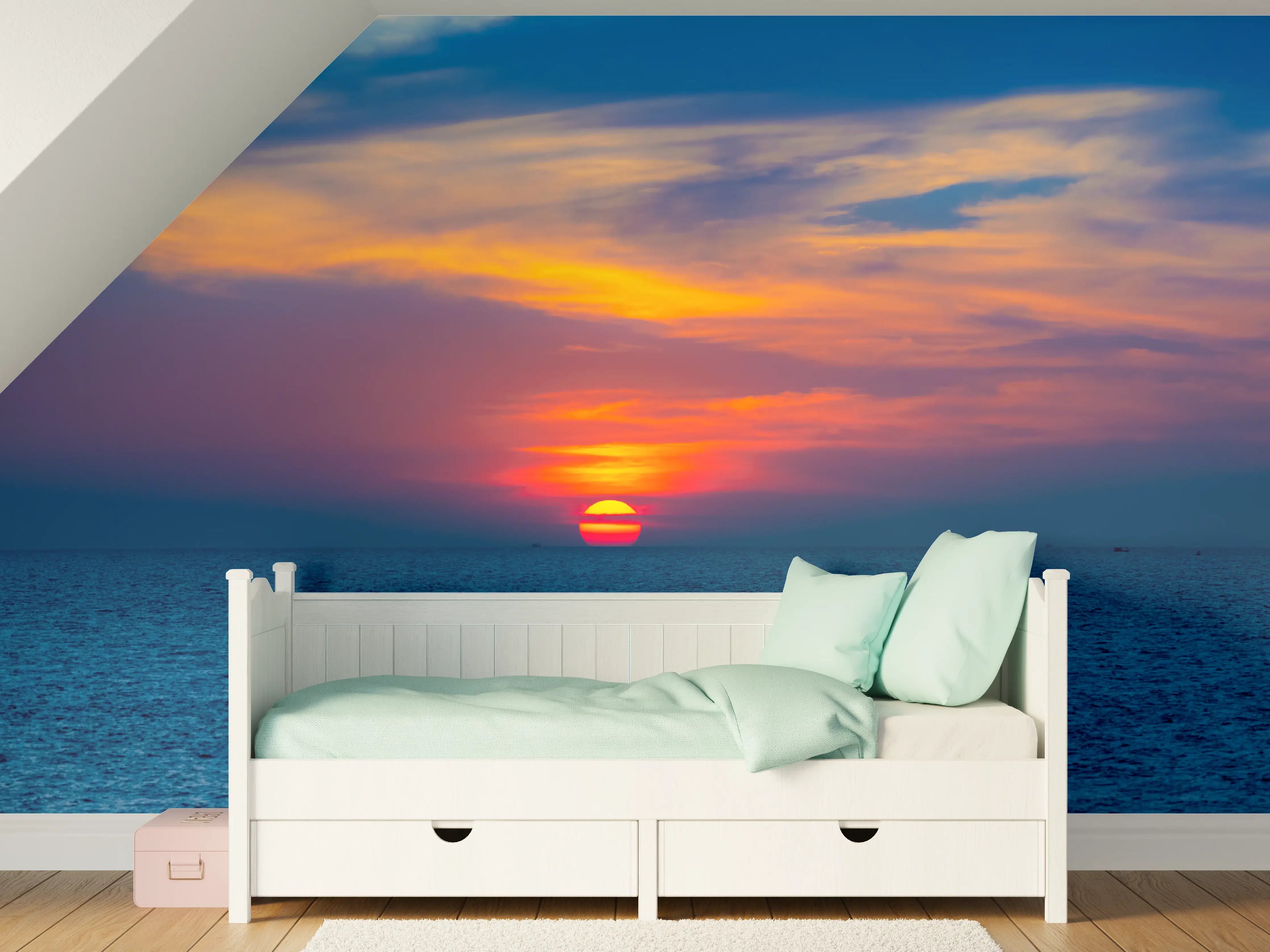Kinderzimmer Wandgestaltung - Meer-Sonnenuntergang Blau-Orange