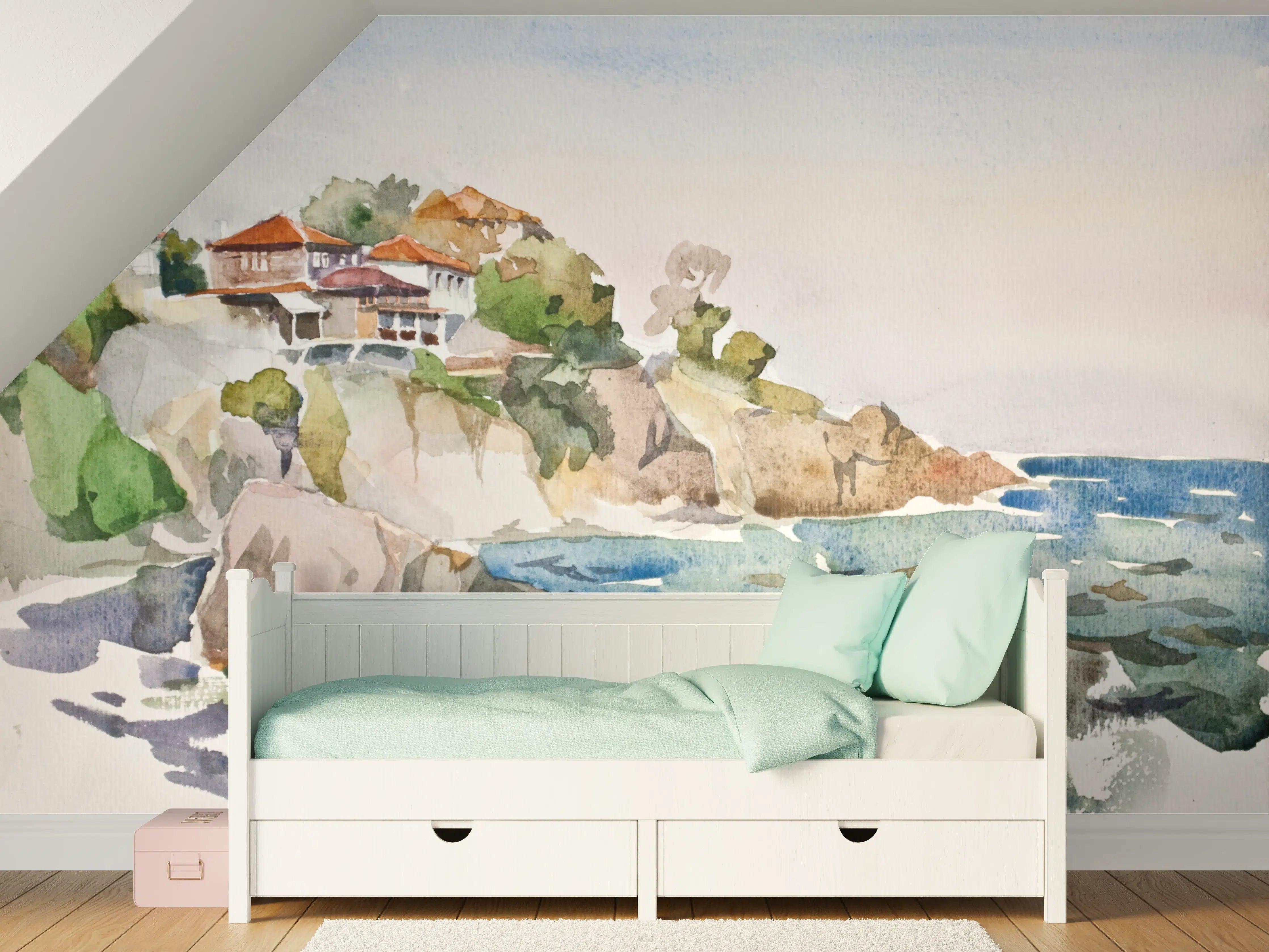 Kinderzimmer Wandgestaltung - Meeresblick mit Küstenhäusern in Aquarelltechnik